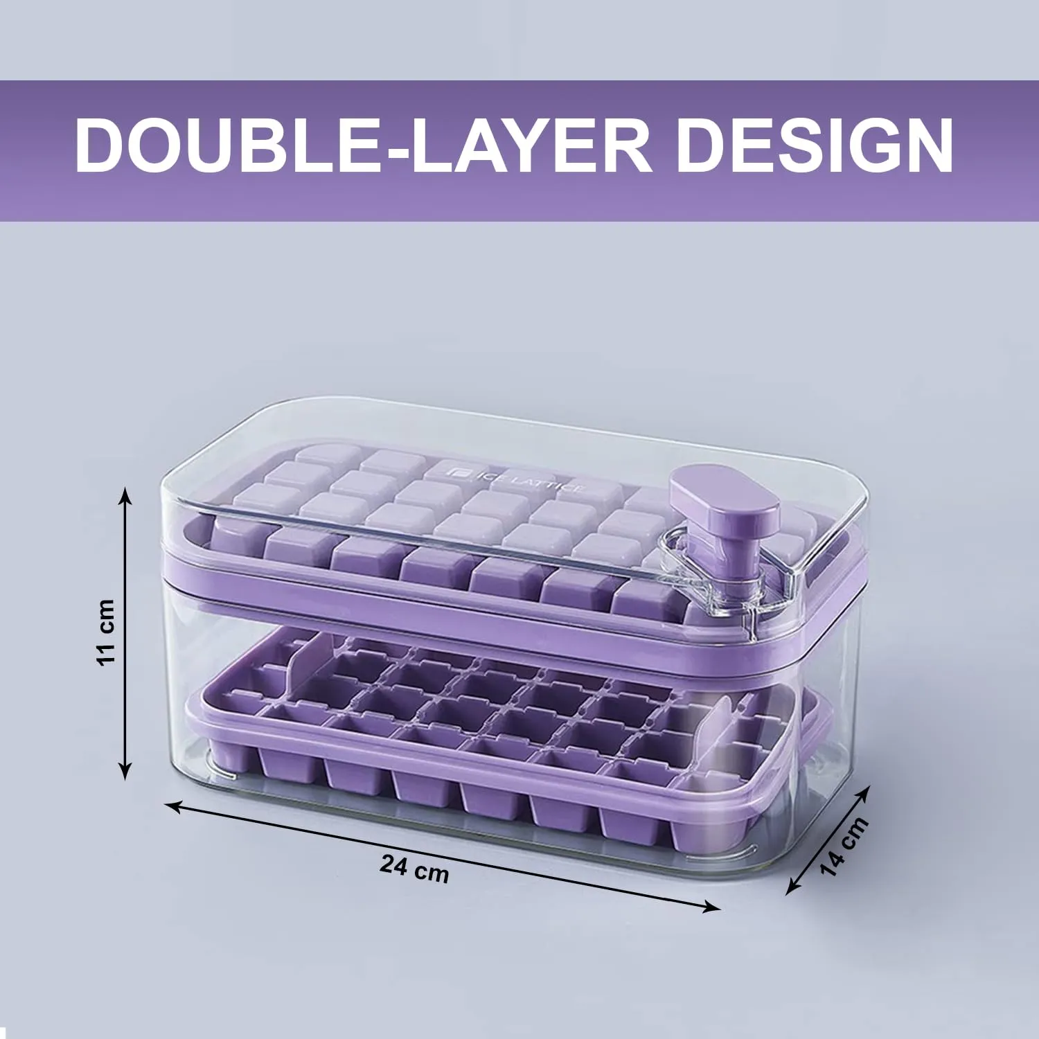 Kuber Industries 2 Layer Ice Cube Tray with Lid | Ice Cube Storage Box with Ice Scoop | 64 Ice Cube Molds for Freezing | One-Press Demolding | BPA Free | Purple