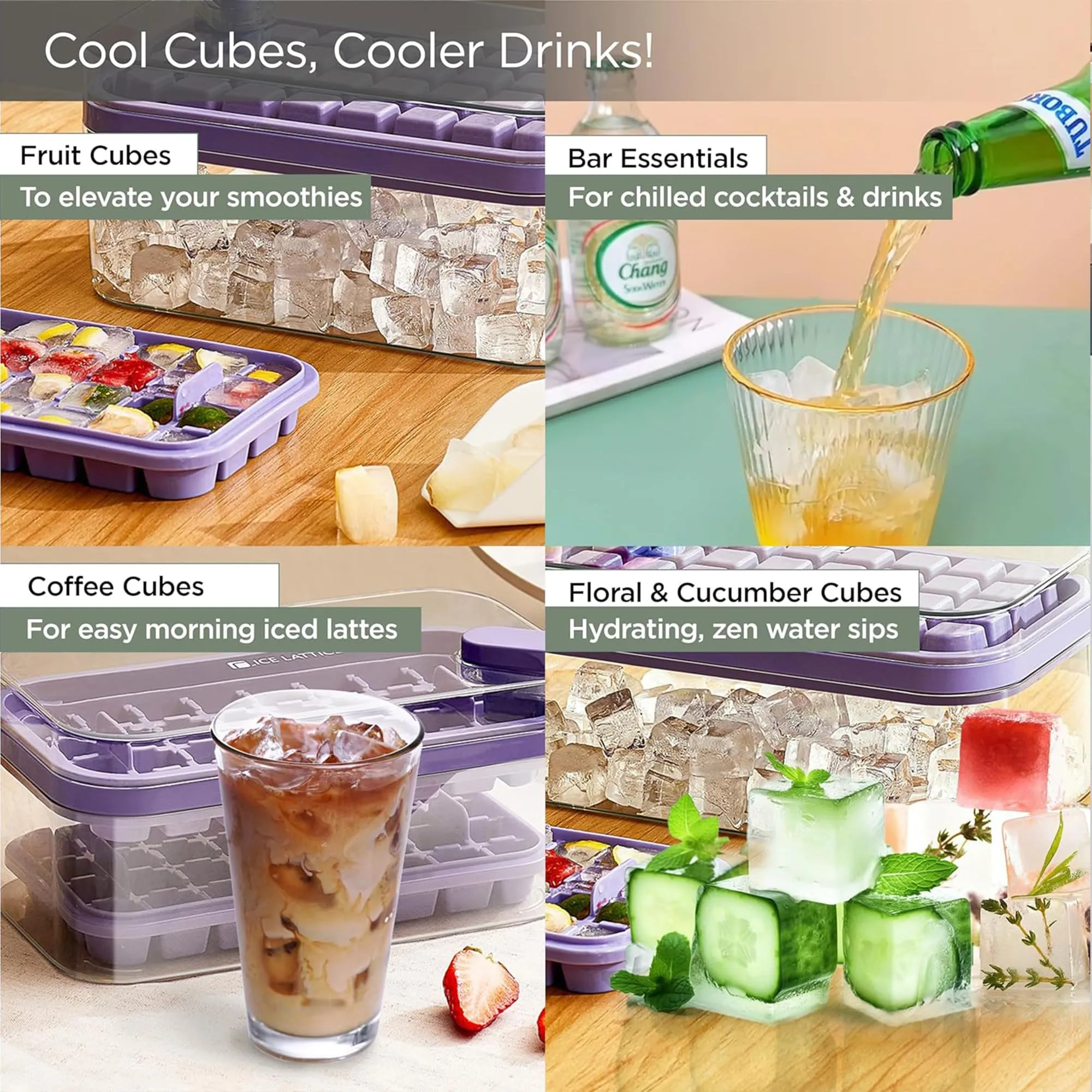 Kuber Industries 2 Layer Ice Cube Tray with Lid | Ice Cube Storage Box with Ice Scoop | 64 Ice Cube Molds for Freezing | One-Press Demolding | BPA Free | Purple