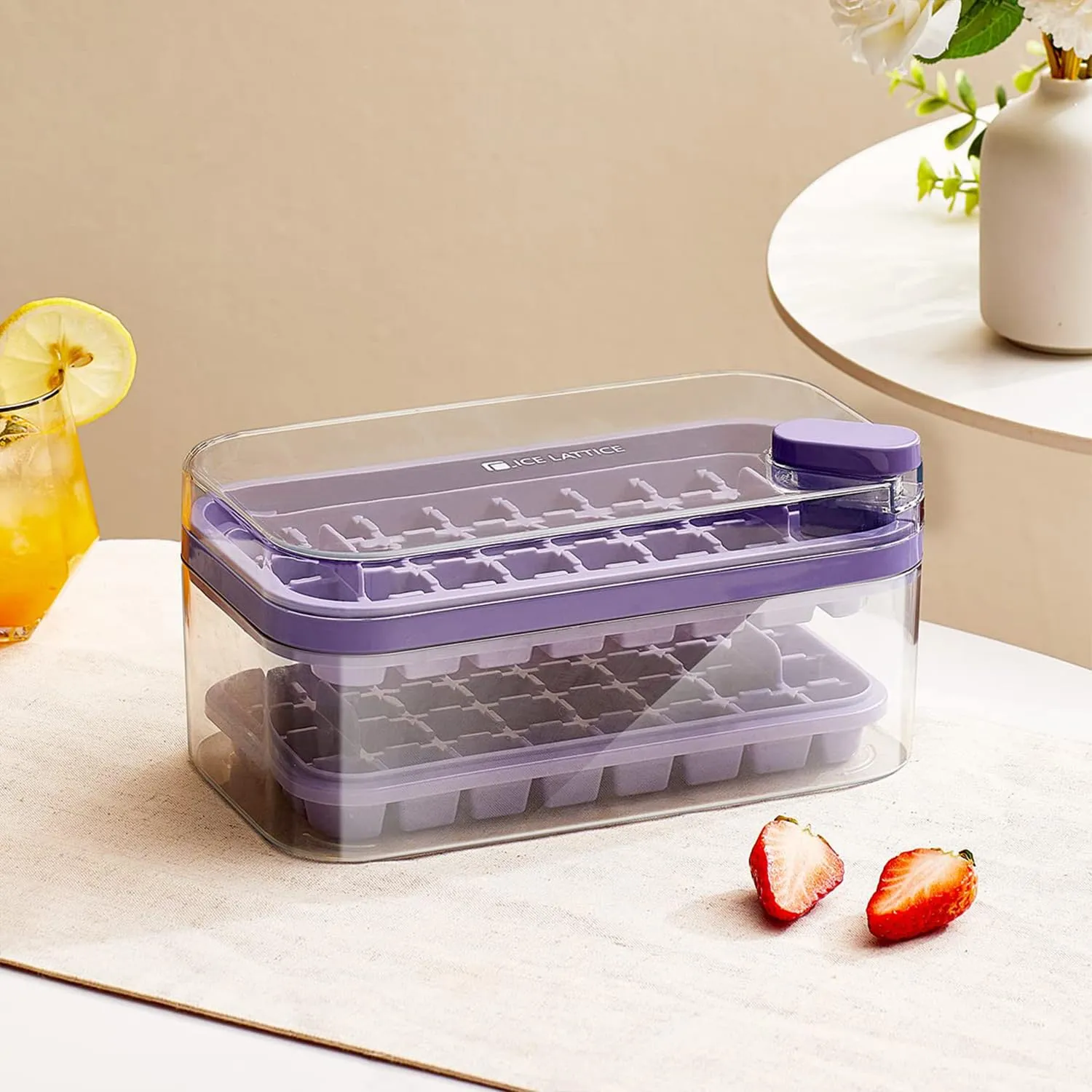 Kuber Industries 2 Layer Ice Cube Tray with Lid | Ice Cube Storage Box with Ice Scoop | 64 Ice Cube Molds for Freezing | One-Press Demolding | BPA Free | Purple