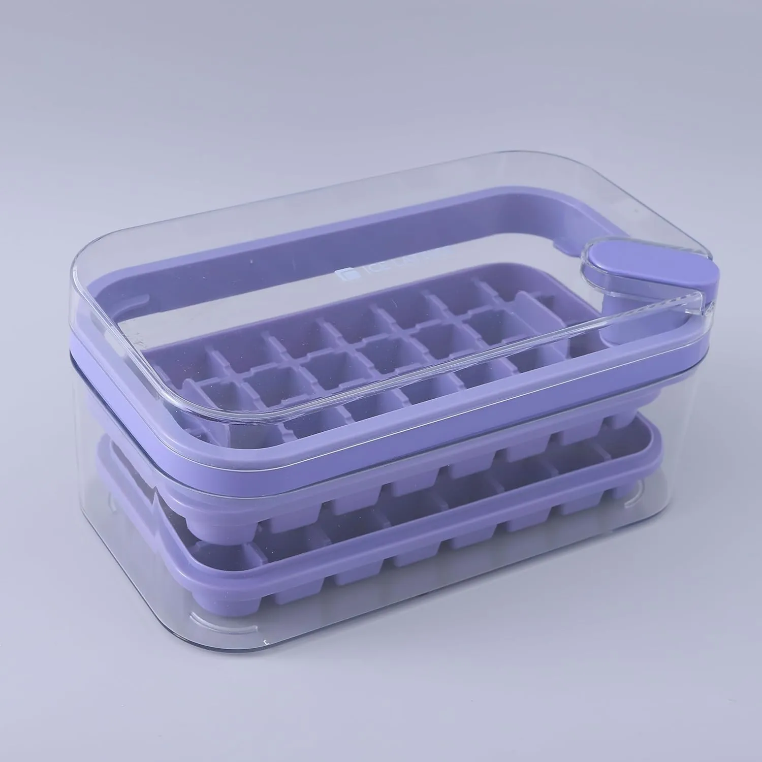 Kuber Industries 2 Layer Ice Cube Tray with Lid | Ice Cube Storage Box with Ice Scoop | 64 Ice Cube Molds for Freezing | One-Press Demolding | BPA Free | Purple
