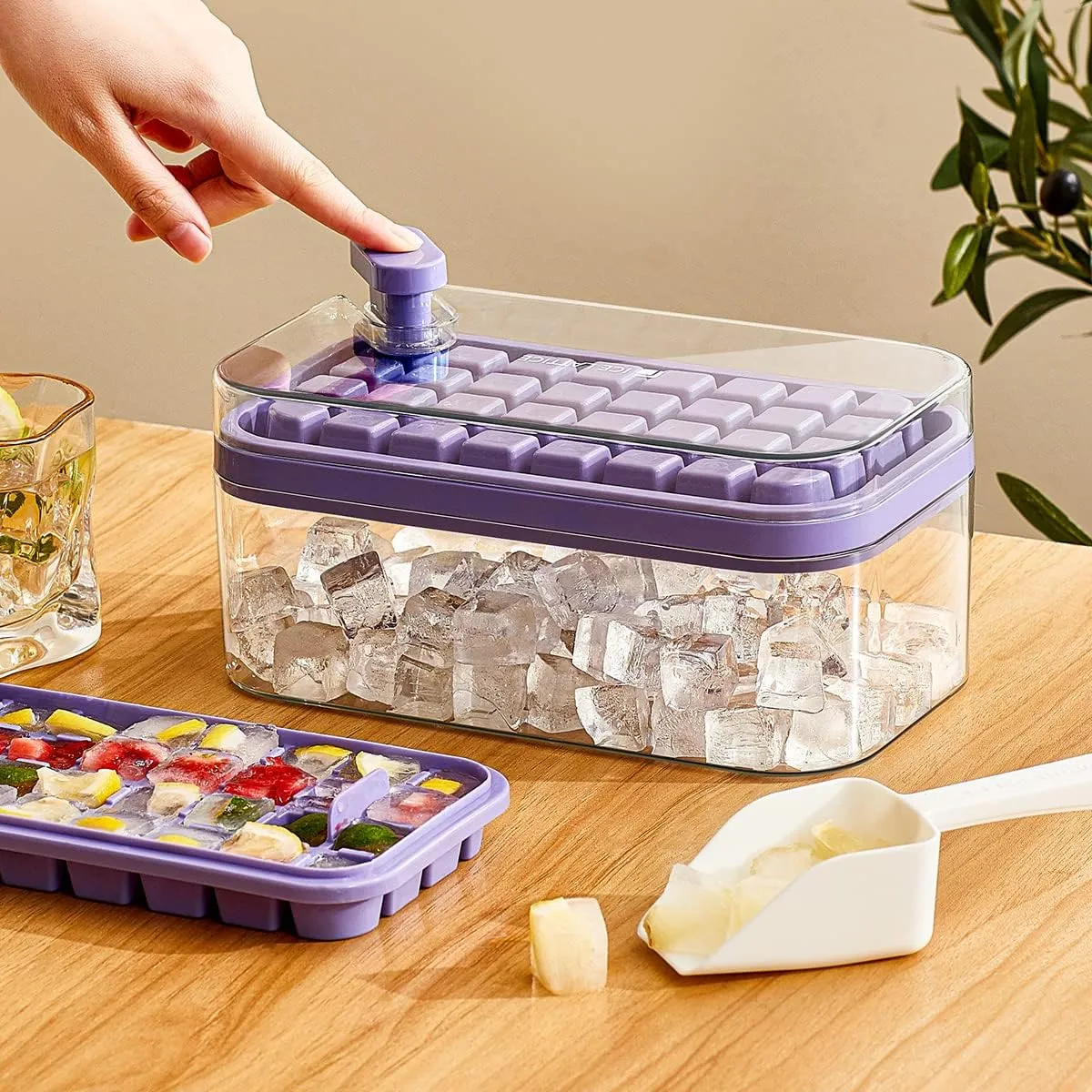 Kuber Industries 2 Layer Ice Cube Tray with Lid | Ice Cube Storage Box with Ice Scoop | 64 Ice Cube Molds for Freezing | One-Press Demolding | BPA Free | Purple