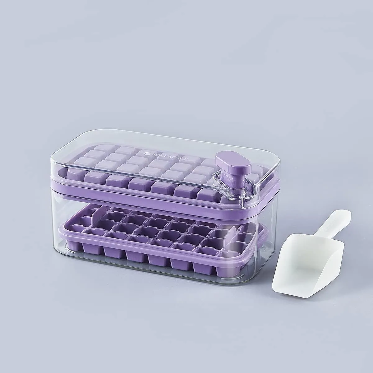 Kuber Industries 2 Layer Ice Cube Tray with Lid | Ice Cube Storage Box with Ice Scoop | 64 Ice Cube Molds for Freezing | One-Press Demolding | BPA Free | Purple