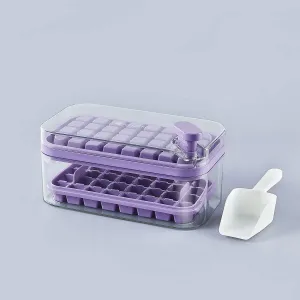 Kuber Industries 2 Layer Ice Cube Tray with Lid | Ice Cube Storage Box with Ice Scoop | 64 Ice Cube Molds for Freezing | One-Press Demolding | BPA Free | Purple