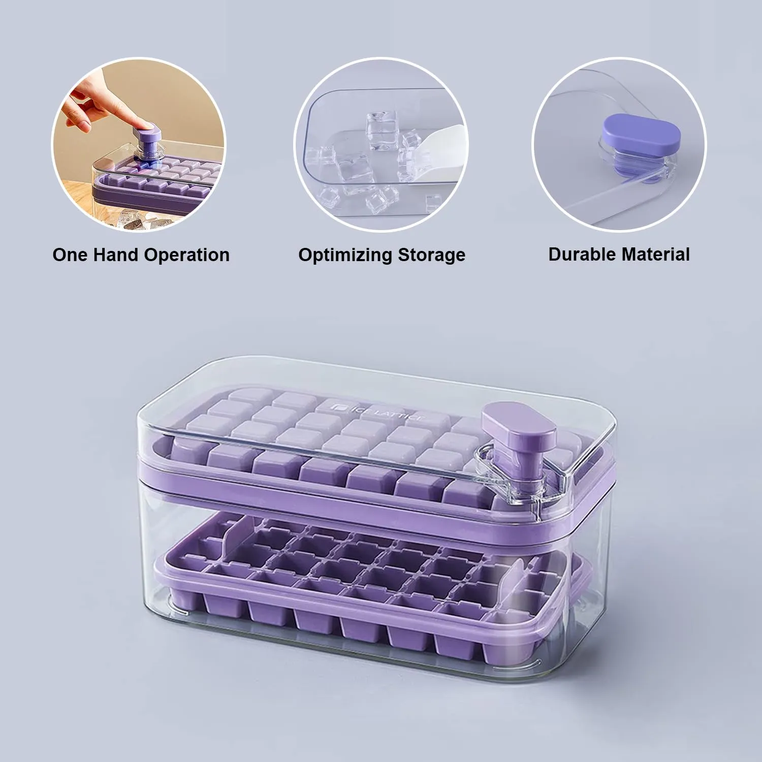 Kuber Industries 2 Layer Ice Cube Tray with Lid | Ice Cube Storage Box with Ice Scoop | 64 Ice Cube Molds for Freezing | One-Press Demolding | BPA Free | Purple