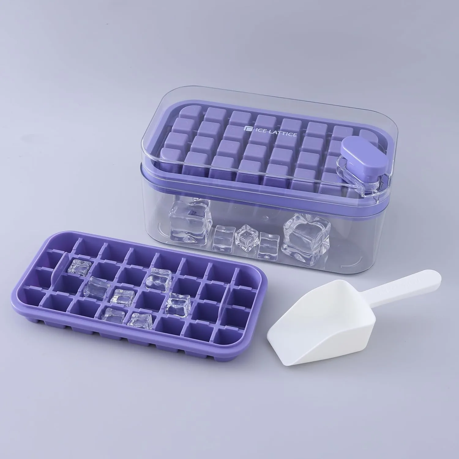 Kuber Industries 2 Layer Ice Cube Tray with Lid | Ice Cube Storage Box with Ice Scoop | 64 Ice Cube Molds for Freezing | One-Press Demolding | BPA Free | Purple
