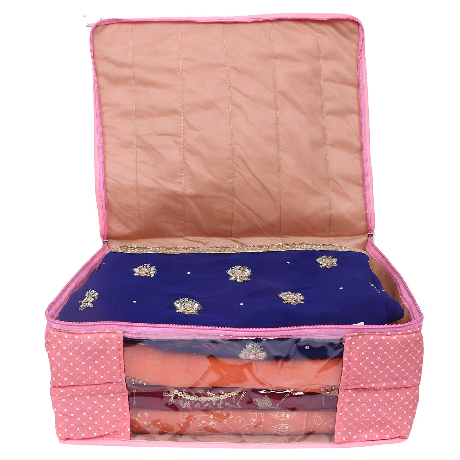 Kuber Industries Cotton 3 Layered Quilted Saree Cover|Polka Dots & Sturdy Material|Zipper Closure & Transparent Window |Pack of 3 (Peach)