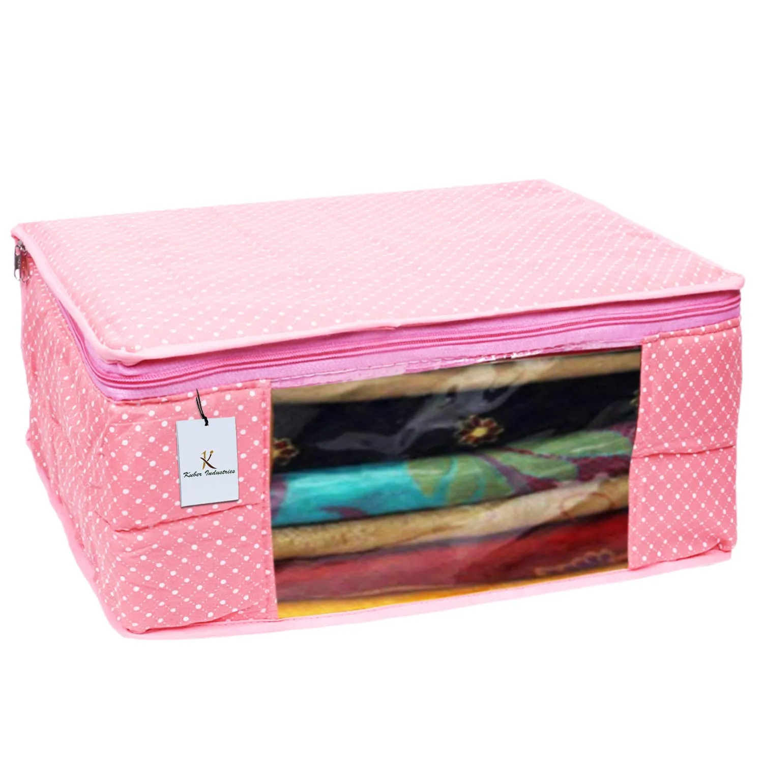 Kuber Industries Cotton 3 Layered Quilted Saree Cover|Polka Dots & Sturdy Material|Zipper Closure & Transparent Window |Pack of 3 (Peach)