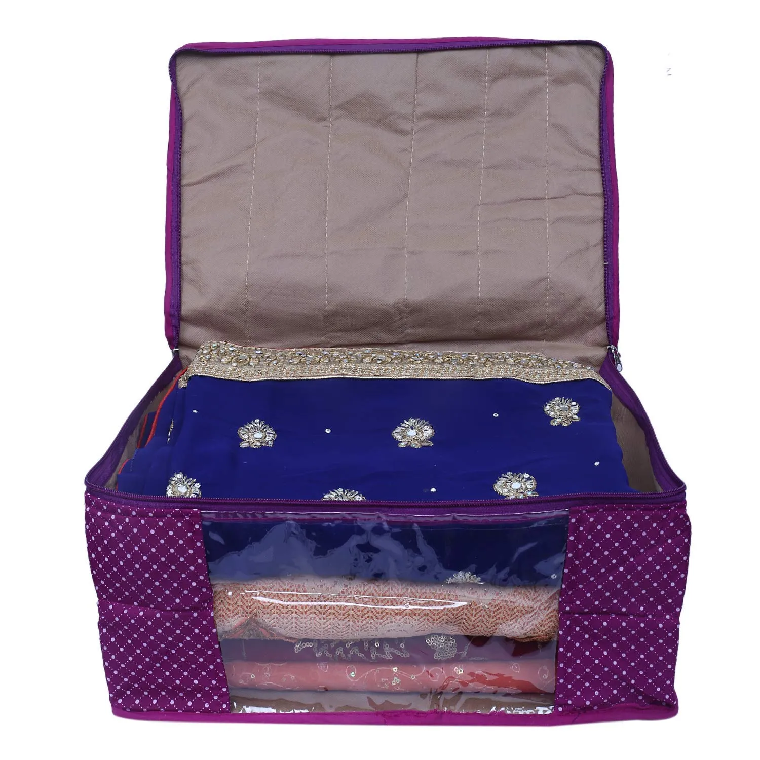 Kuber Industries Cotton Quilted Saree Cover|Transparent Window & Zipper Closure|Regular Cloth Bag|Wardrobe Organiser Set|Pack of 3 (Purple)