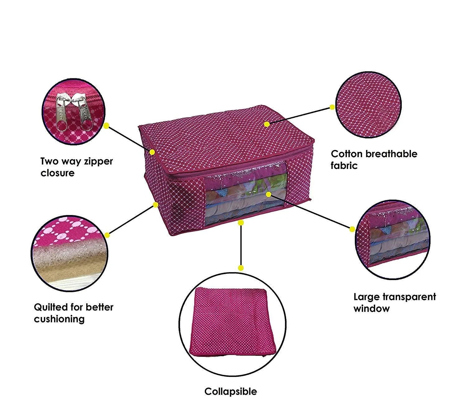 Kuber Industries Cotton Quilted Saree Cover|Transparent Window & Zipper Closure|Regular Cloth Bag|Wardrobe Organiser Set|Pack of 3 (Purple)
