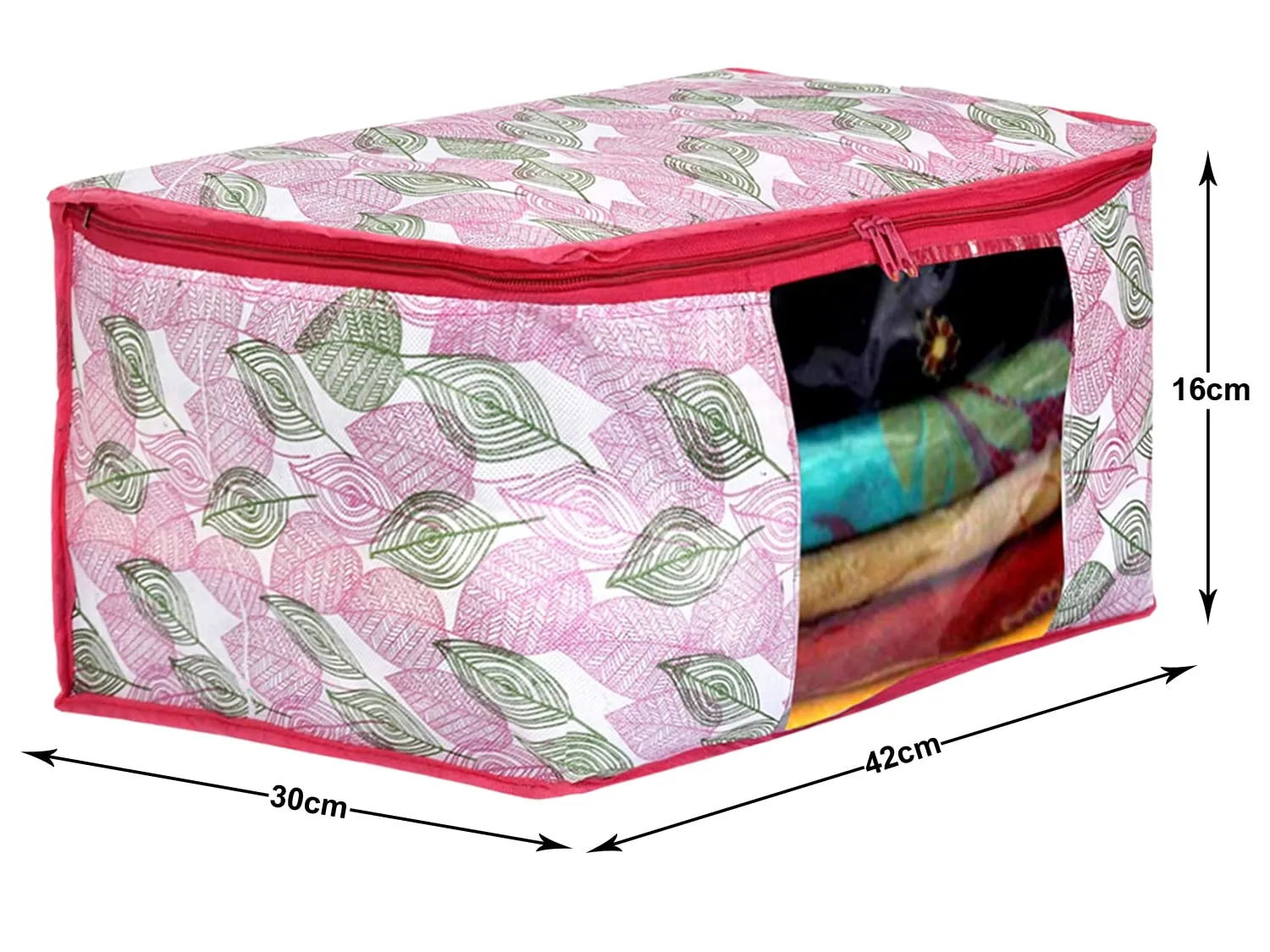 Kuber Industries Leaf Design Non-woven Foldable Saree Cover|Clothes Storage Bag|Wardrobe Organizer|Transparent Window|Pack of 6 (Pink)-44KM0363