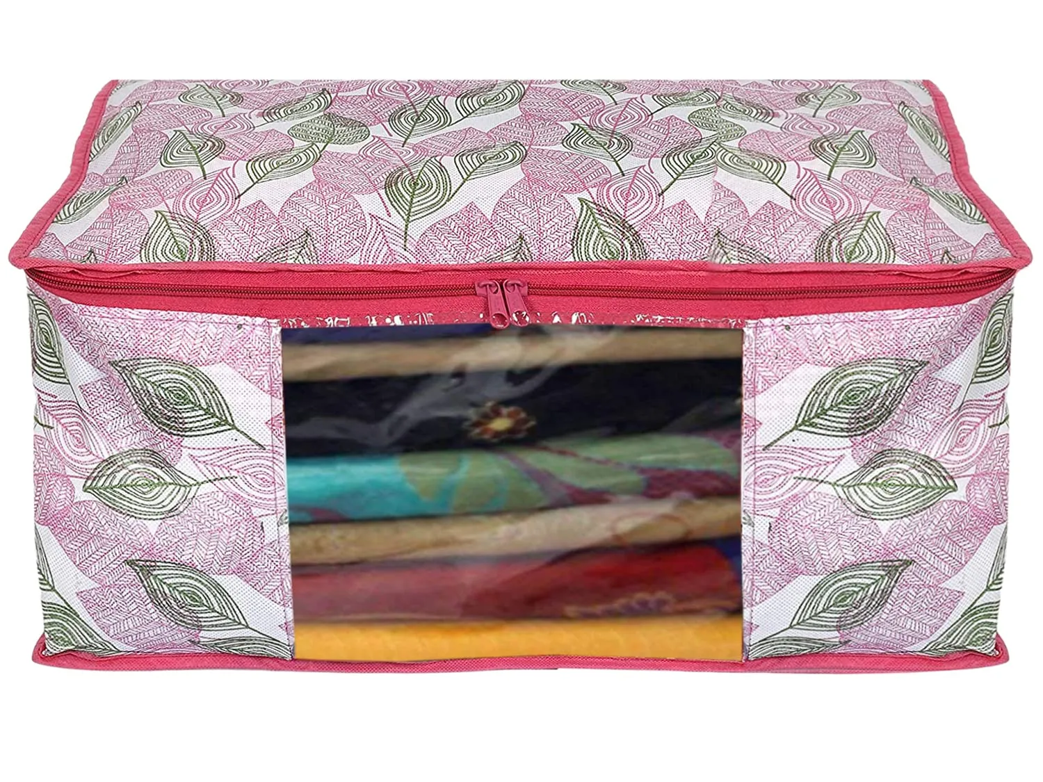 Kuber Industries Leaf Design Non-woven Foldable Saree Cover|Clothes Storage Bag|Wardrobe Organizer|Transparent Window|Pack of 6 (Pink)-44KM0363