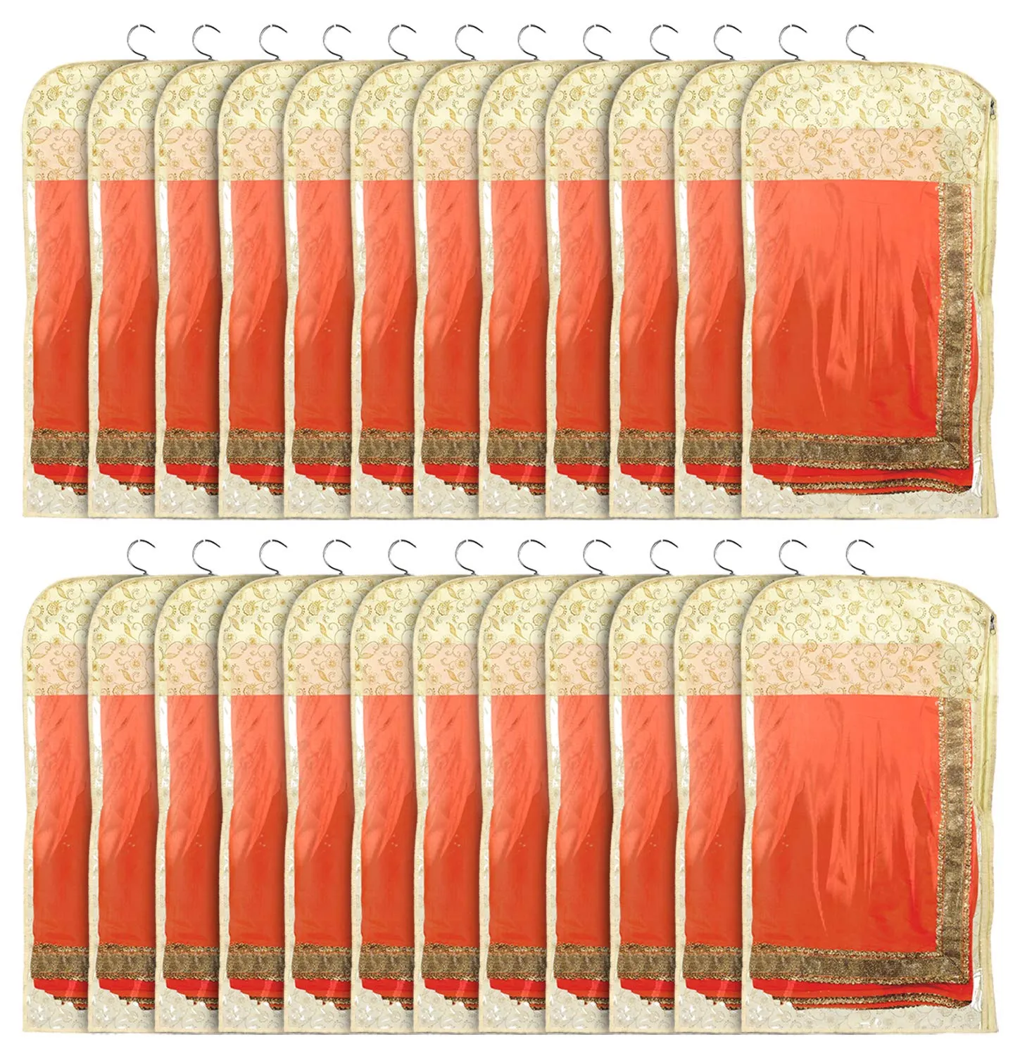 Kuber Industries Metalic Print Non-woven Hanging Saree Cover Wardrobe Organiser With Hanger (Gold)-Pack of 24-KUBMART15529