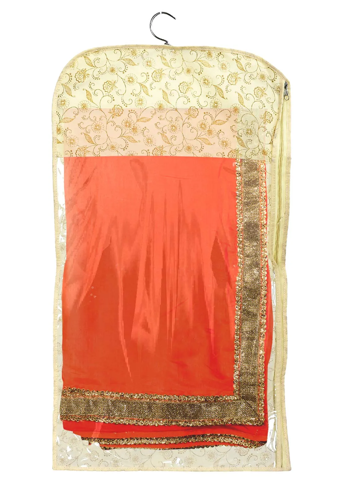 Kuber Industries Metalic Print Non-woven Hanging Saree Cover Wardrobe Organiser With Hanger (Gold)-Pack of 24-KUBMART15529