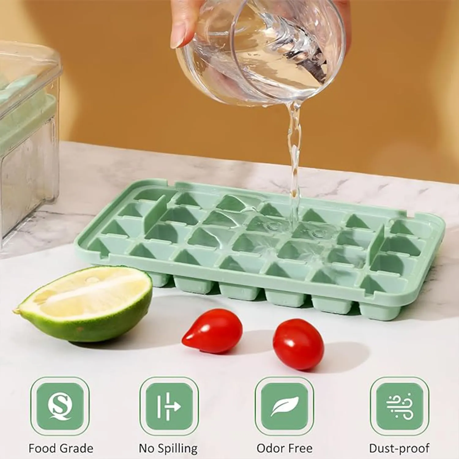 Kuber Industries Pack of 2| 2 Layer Ice Cube Tray with Lid | Ice Cube Storage Box with Ice Scoop | 56 Ice Cube Molds for Freezing | One-Press Demolding | BPA Free | Green