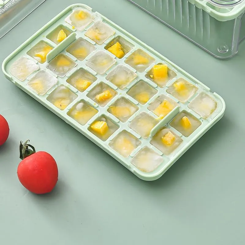 Kuber Industries Pack of 2| 2 Layer Ice Cube Tray with Lid | Ice Cube Storage Box with Ice Scoop | 56 Ice Cube Molds for Freezing | One-Press Demolding | BPA Free | Green