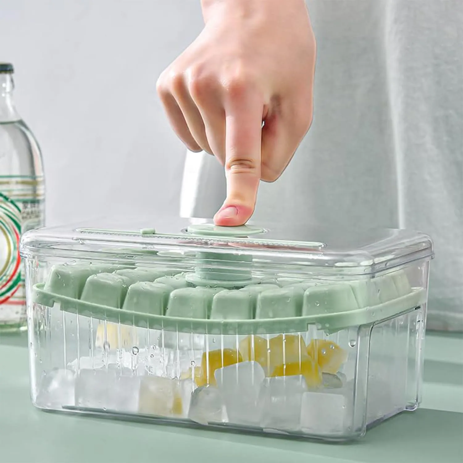 Kuber Industries Pack of 2| 2 Layer Ice Cube Tray with Lid | Ice Cube Storage Box with Ice Scoop | 56 Ice Cube Molds for Freezing | One-Press Demolding | BPA Free | Green