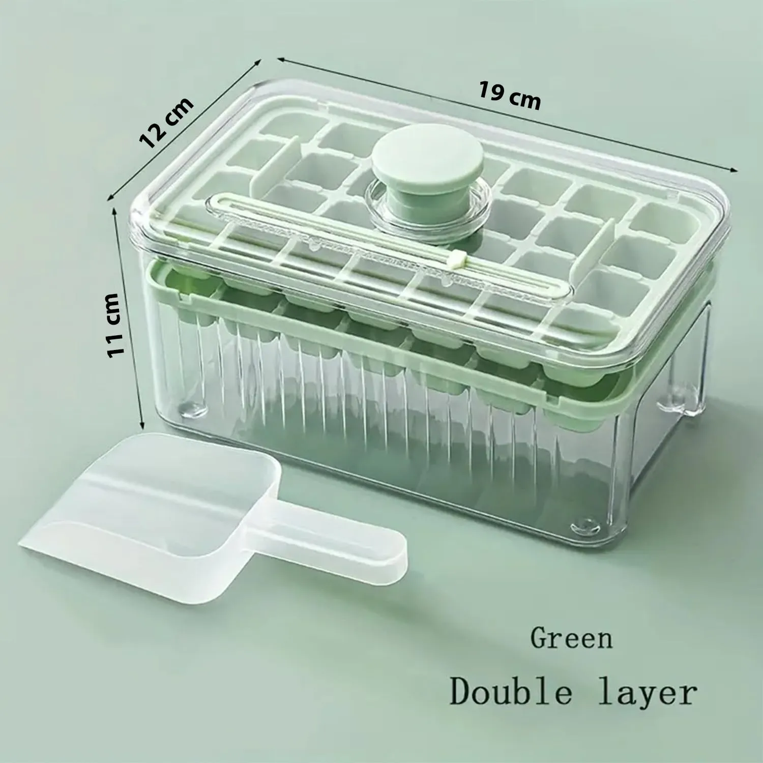 Kuber Industries Pack of 2| 2 Layer Ice Cube Tray with Lid | Ice Cube Storage Box with Ice Scoop | 56 Ice Cube Molds for Freezing | One-Press Demolding | BPA Free | Green