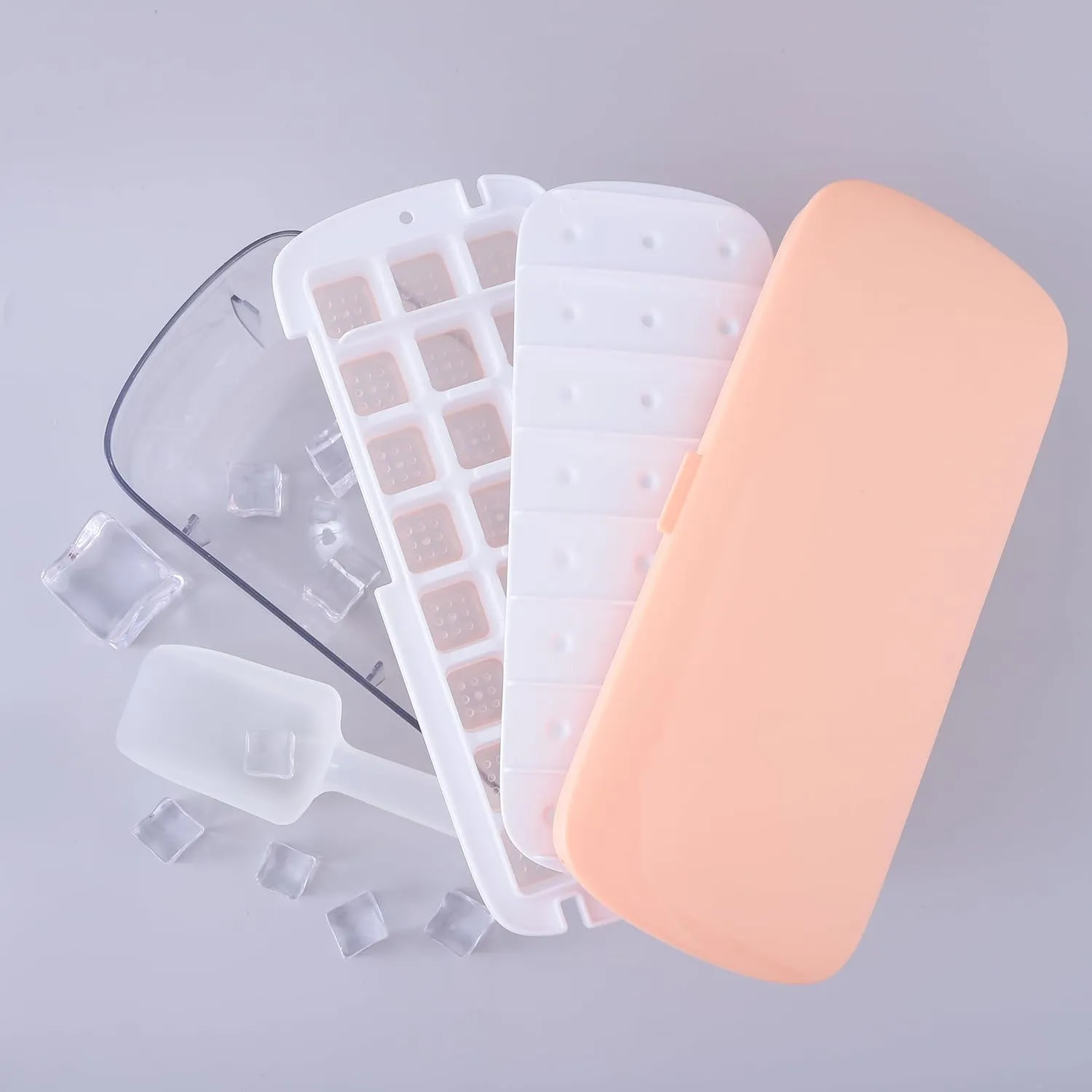 Kuber Industries Pack of 2 Ice Cube Tray with Lid | Ice Cube Storage Box with Ice Scoop | 24 Ice Cube Molds for Freezing | One-Press Demolding | BPA Free | Pink