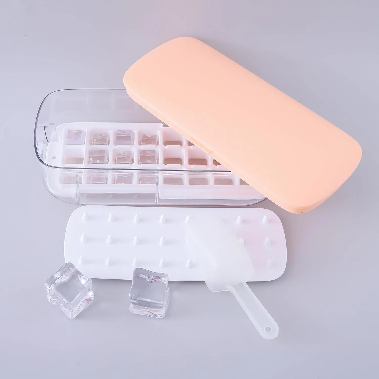 Kuber Industries Pack of 2 Ice Cube Tray with Lid | Ice Cube Storage Box with Ice Scoop | 24 Ice Cube Molds for Freezing | One-Press Demolding | BPA Free | Pink
