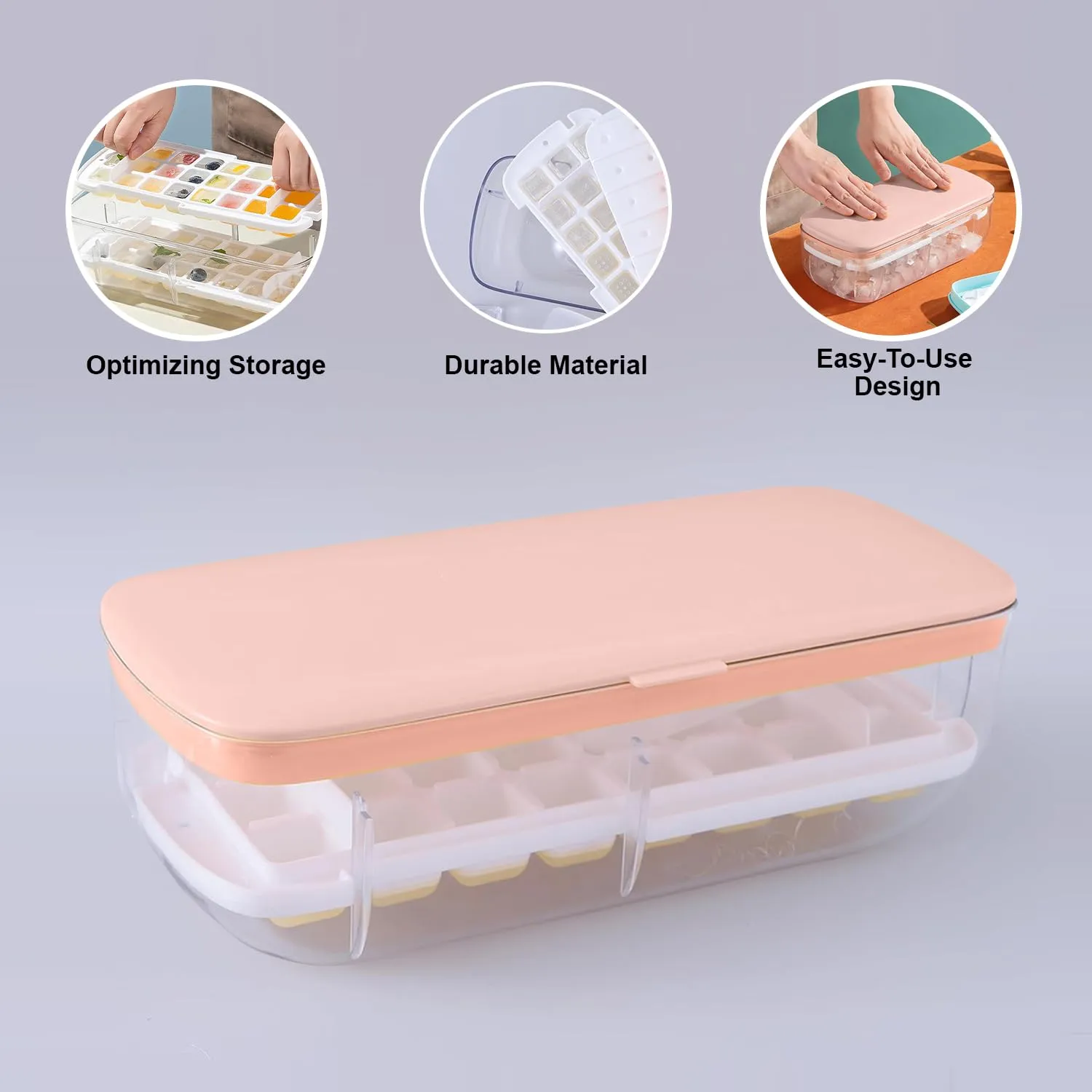 Kuber Industries Pack of 2 Ice Cube Tray with Lid | Ice Cube Storage Box with Ice Scoop | 24 Ice Cube Molds for Freezing | One-Press Demolding | BPA Free | Pink