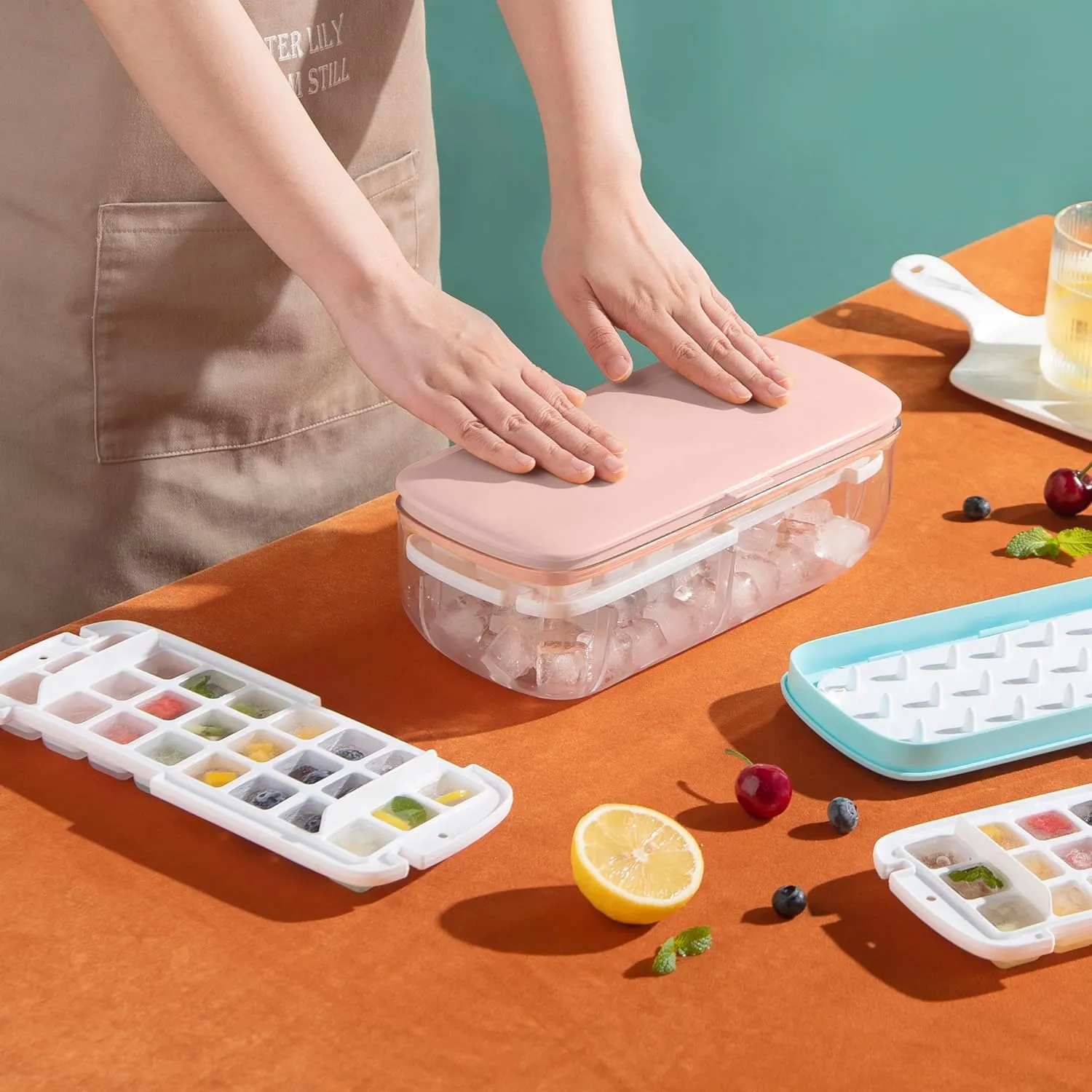 Kuber Industries Pack of 2 Ice Cube Tray with Lid | Ice Cube Storage Box with Ice Scoop | 24 Ice Cube Molds for Freezing | One-Press Demolding | BPA Free | Pink