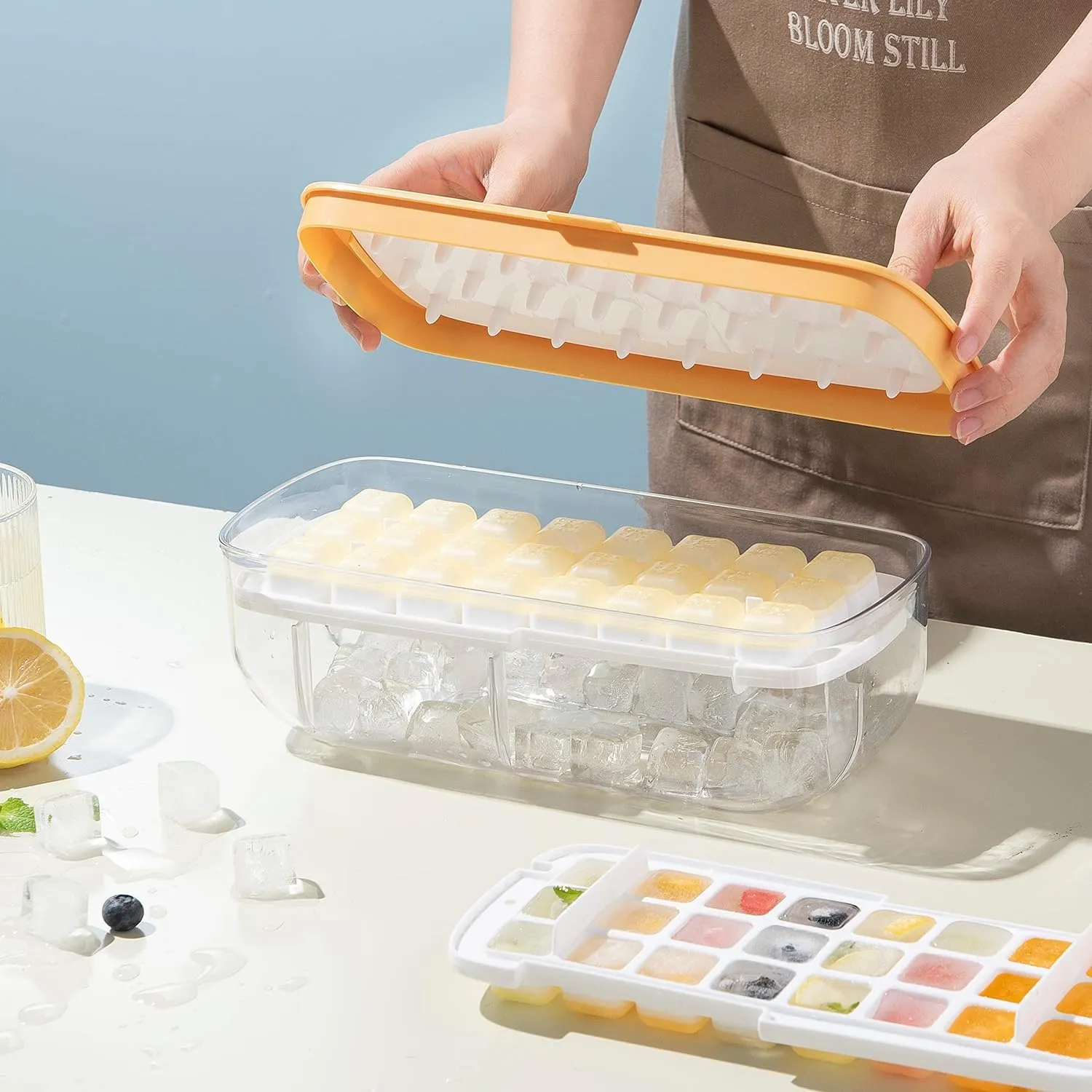 Kuber Industries Pack of 2 Ice Cube Tray with Lid | Ice Cube Storage Box with Ice Scoop | 24 Ice Cube Molds for Freezing | One-Press Demolding | BPA Free | Yellow