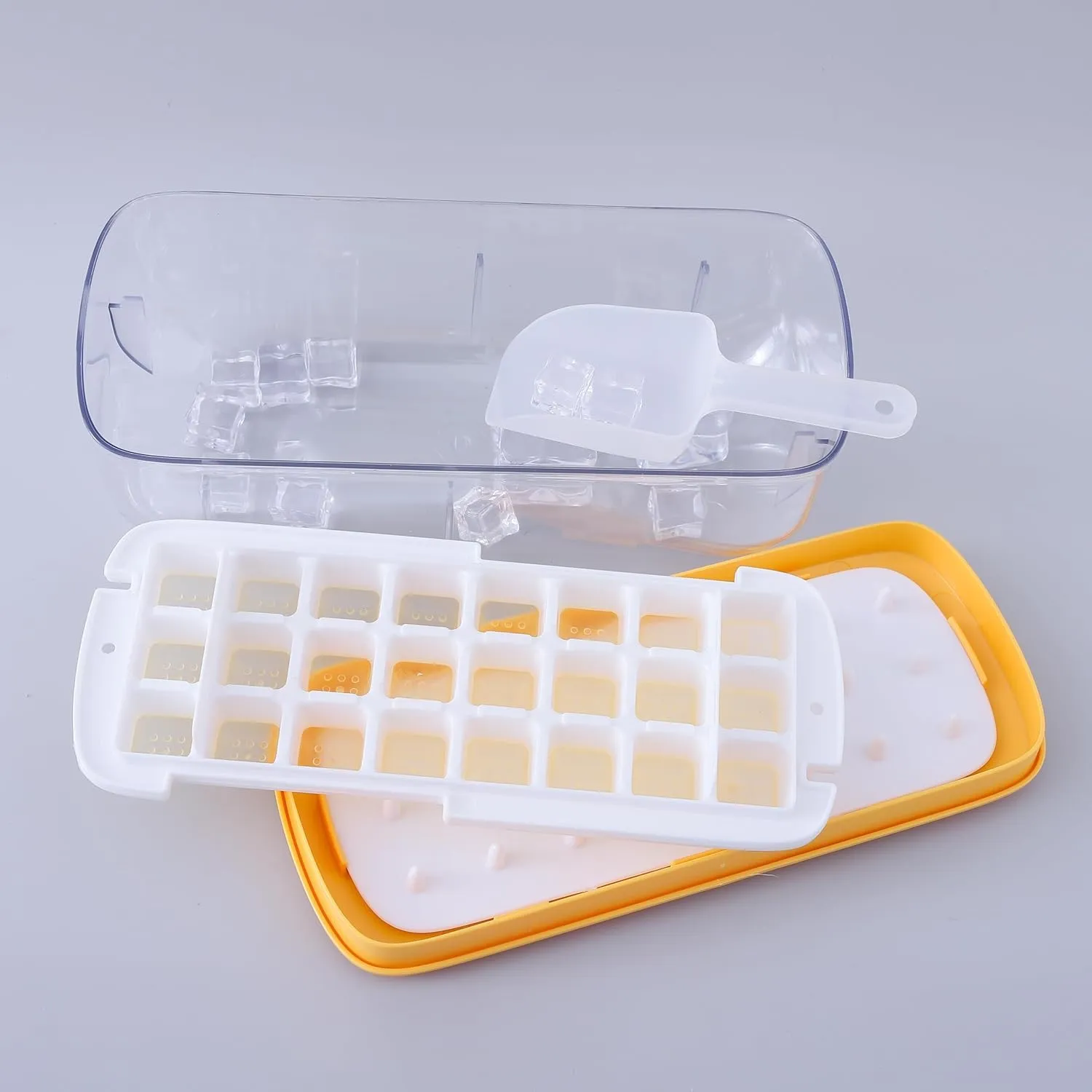 Kuber Industries Pack of 2 Ice Cube Tray with Lid | Ice Cube Storage Box with Ice Scoop | 24 Ice Cube Molds for Freezing | One-Press Demolding | BPA Free | Yellow