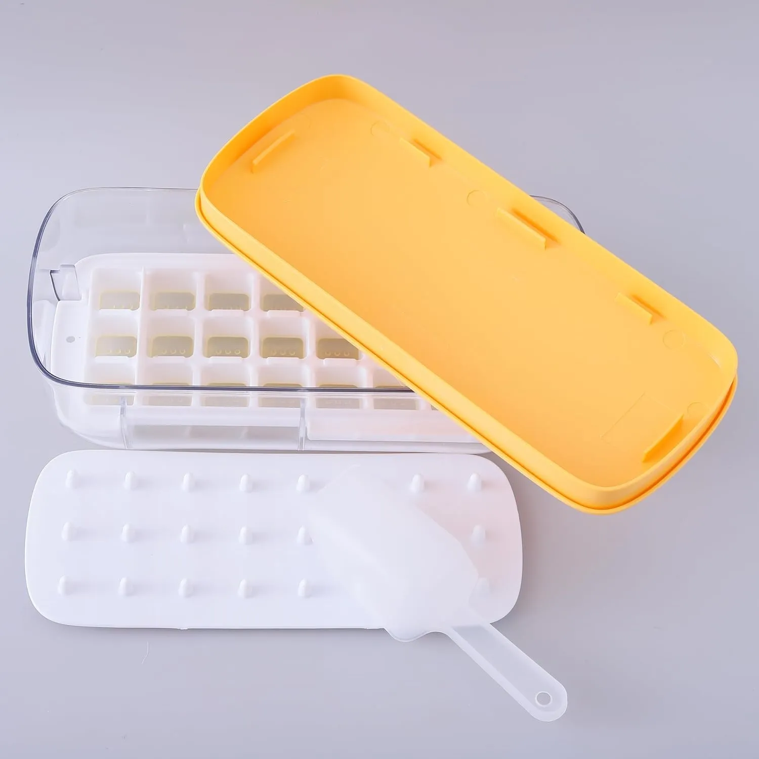 Kuber Industries Pack of 2 Ice Cube Tray with Lid | Ice Cube Storage Box with Ice Scoop | 24 Ice Cube Molds for Freezing | One-Press Demolding | BPA Free | Yellow