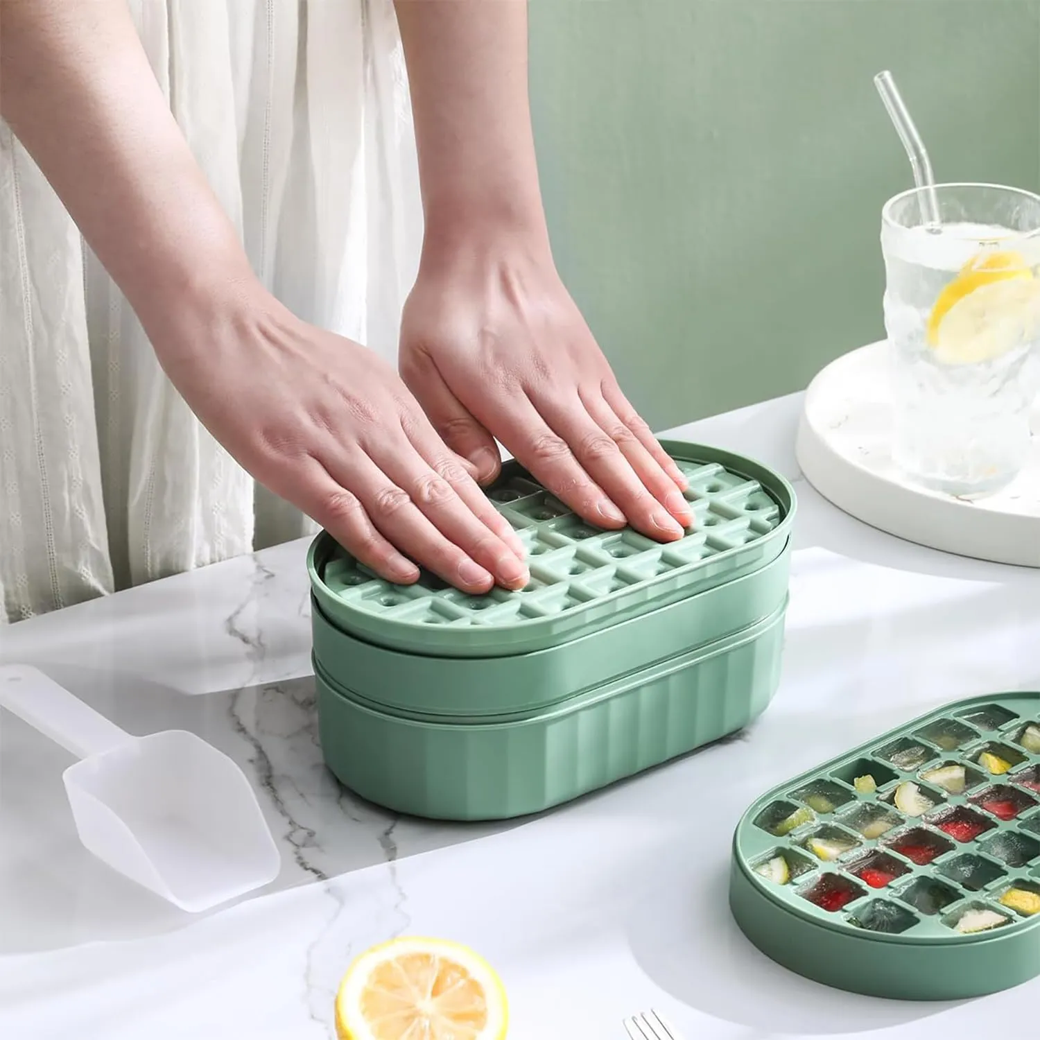 Kuber Industries Pack of 3| 2 Layer Ice Cube Tray with Lid | Ice Cube Storage Box with Ice Scoop | 72 Ice Cube Molds for Freezing | One-Press Demolding | BPA Free | Green