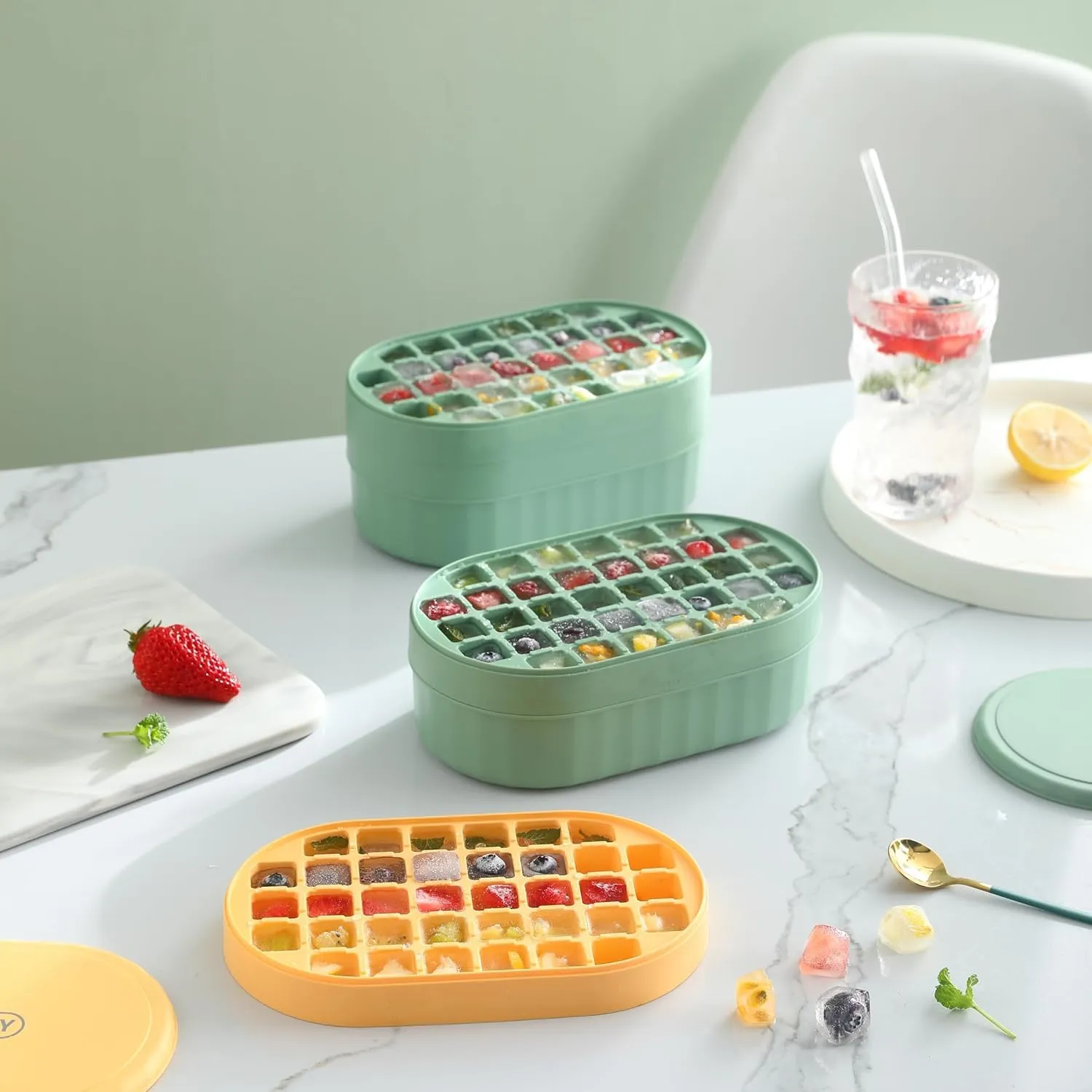 Kuber Industries Pack of 3| 2 Layer Ice Cube Tray with Lid | Ice Cube Storage Box with Ice Scoop | 72 Ice Cube Molds for Freezing | One-Press Demolding | BPA Free | Green