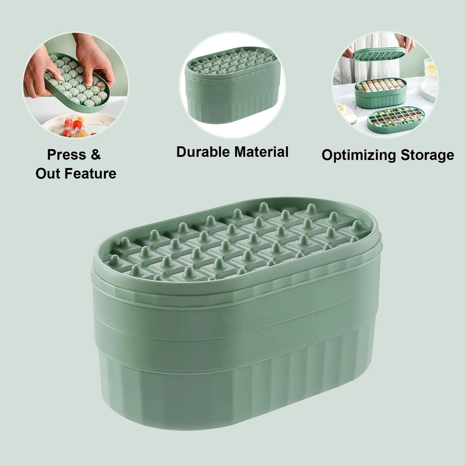 Kuber Industries Pack of 3| 2 Layer Ice Cube Tray with Lid | Ice Cube Storage Box with Ice Scoop | 72 Ice Cube Molds for Freezing | One-Press Demolding | BPA Free | Green