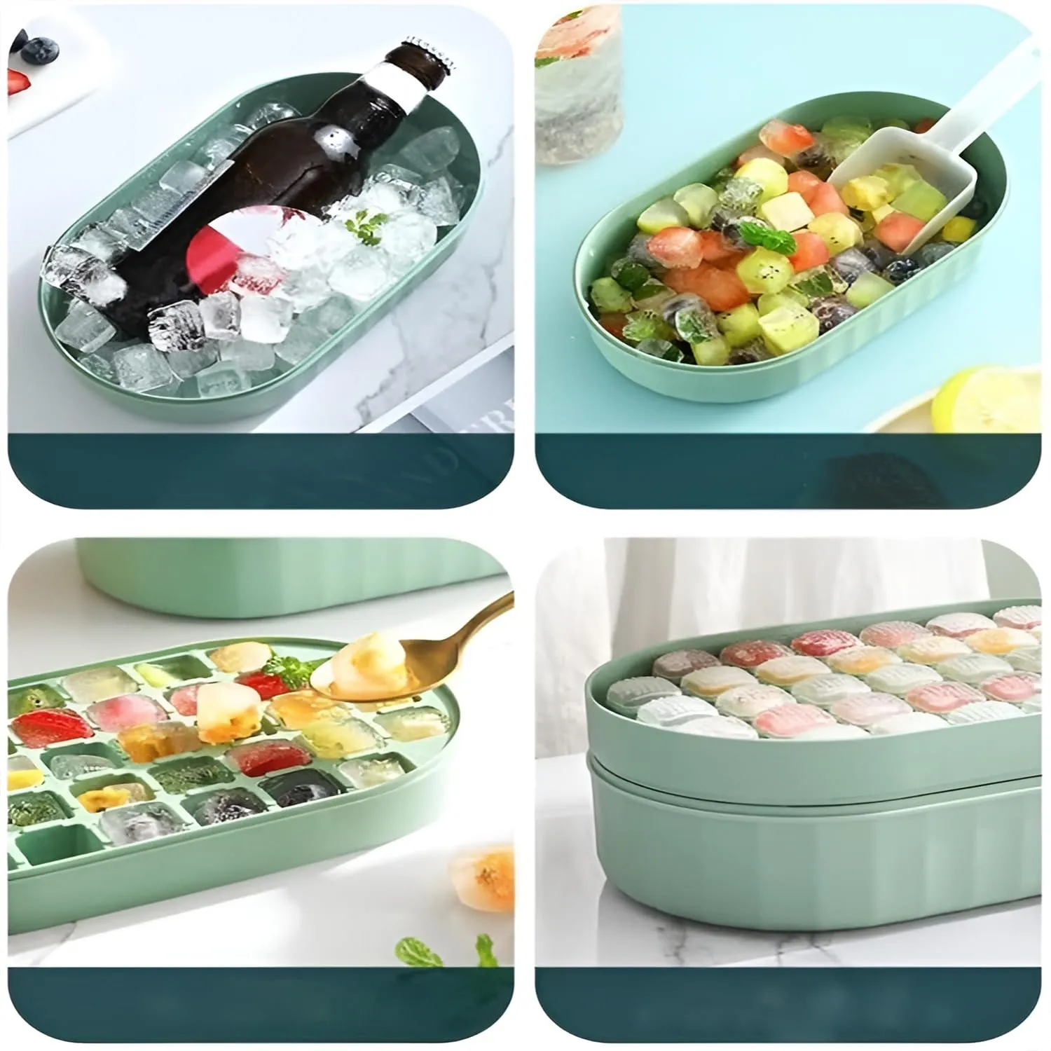 Kuber Industries Pack of 3| 2 Layer Ice Cube Tray with Lid | Ice Cube Storage Box with Ice Scoop | 72 Ice Cube Molds for Freezing | One-Press Demolding | BPA Free | Green