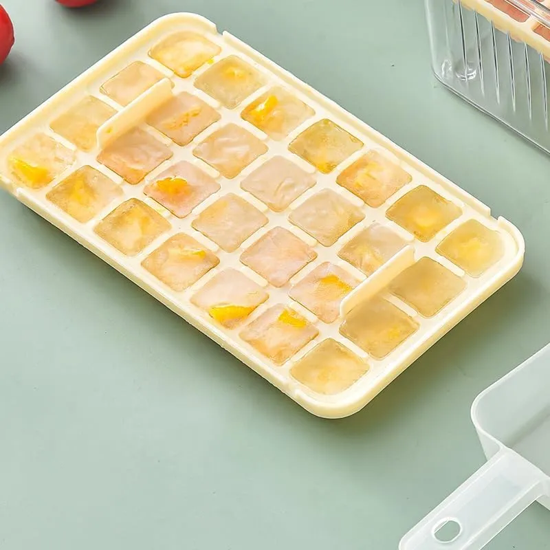 Kuber Industries Pack of 4| 2 Layer Ice Cube Tray with Lid | Ice Cube Storage Box with Ice Scoop | 56 Ice Cube Molds for Freezing | One-Press Demolding | BPA Free | Beige