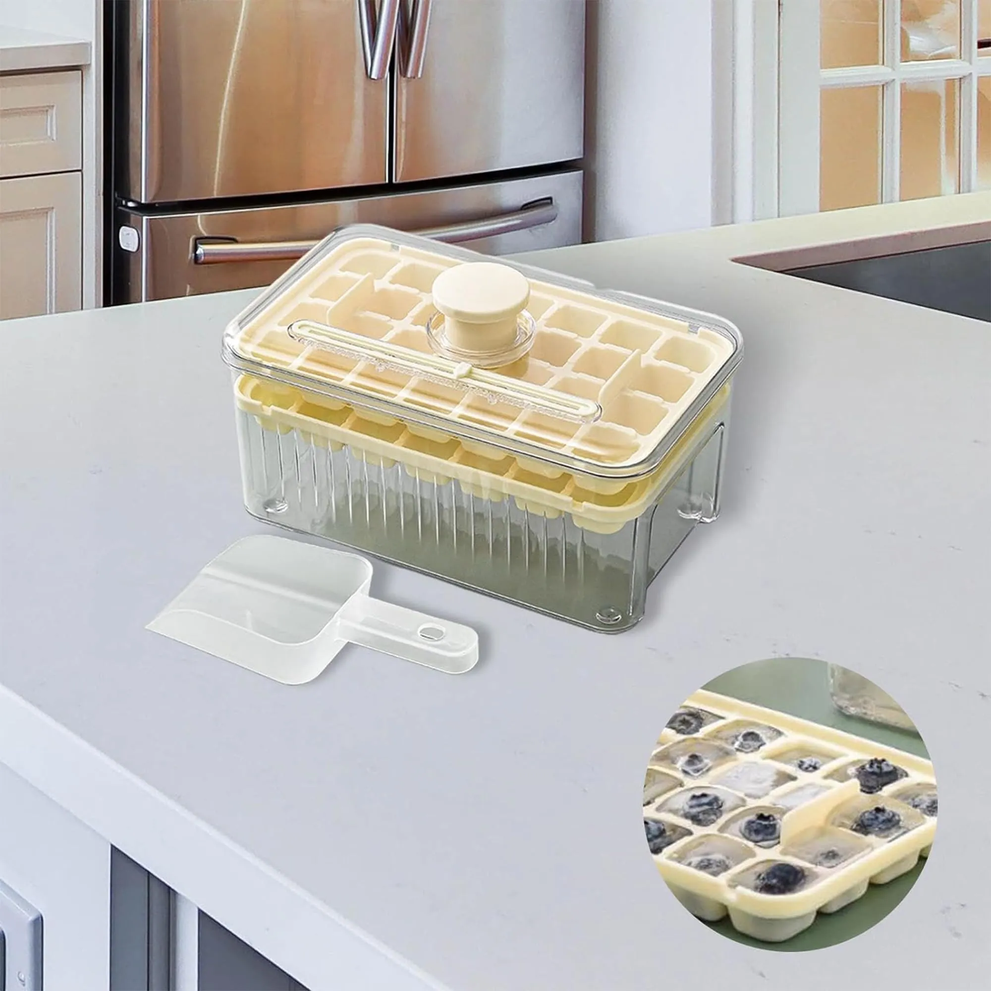 Kuber Industries Pack of 4| 2 Layer Ice Cube Tray with Lid | Ice Cube Storage Box with Ice Scoop | 56 Ice Cube Molds for Freezing | One-Press Demolding | BPA Free | Beige
