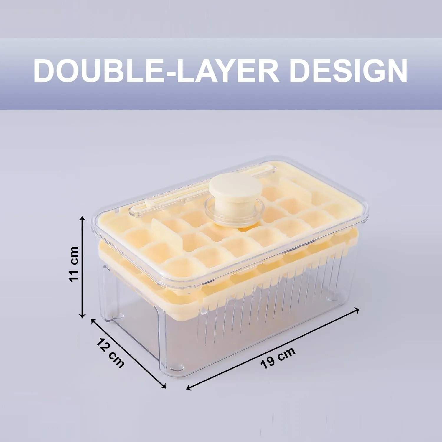Kuber Industries Pack of 4| 2 Layer Ice Cube Tray with Lid | Ice Cube Storage Box with Ice Scoop | 56 Ice Cube Molds for Freezing | One-Press Demolding | BPA Free | Beige