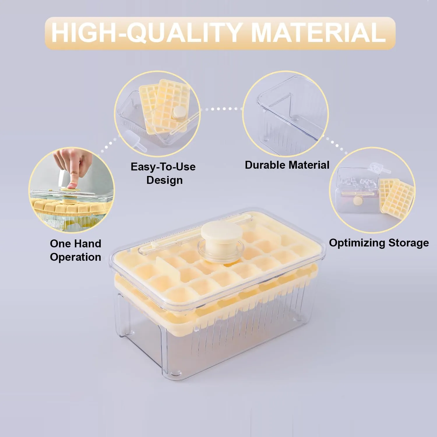 Kuber Industries Pack of 4| 2 Layer Ice Cube Tray with Lid | Ice Cube Storage Box with Ice Scoop | 56 Ice Cube Molds for Freezing | One-Press Demolding | BPA Free | Beige