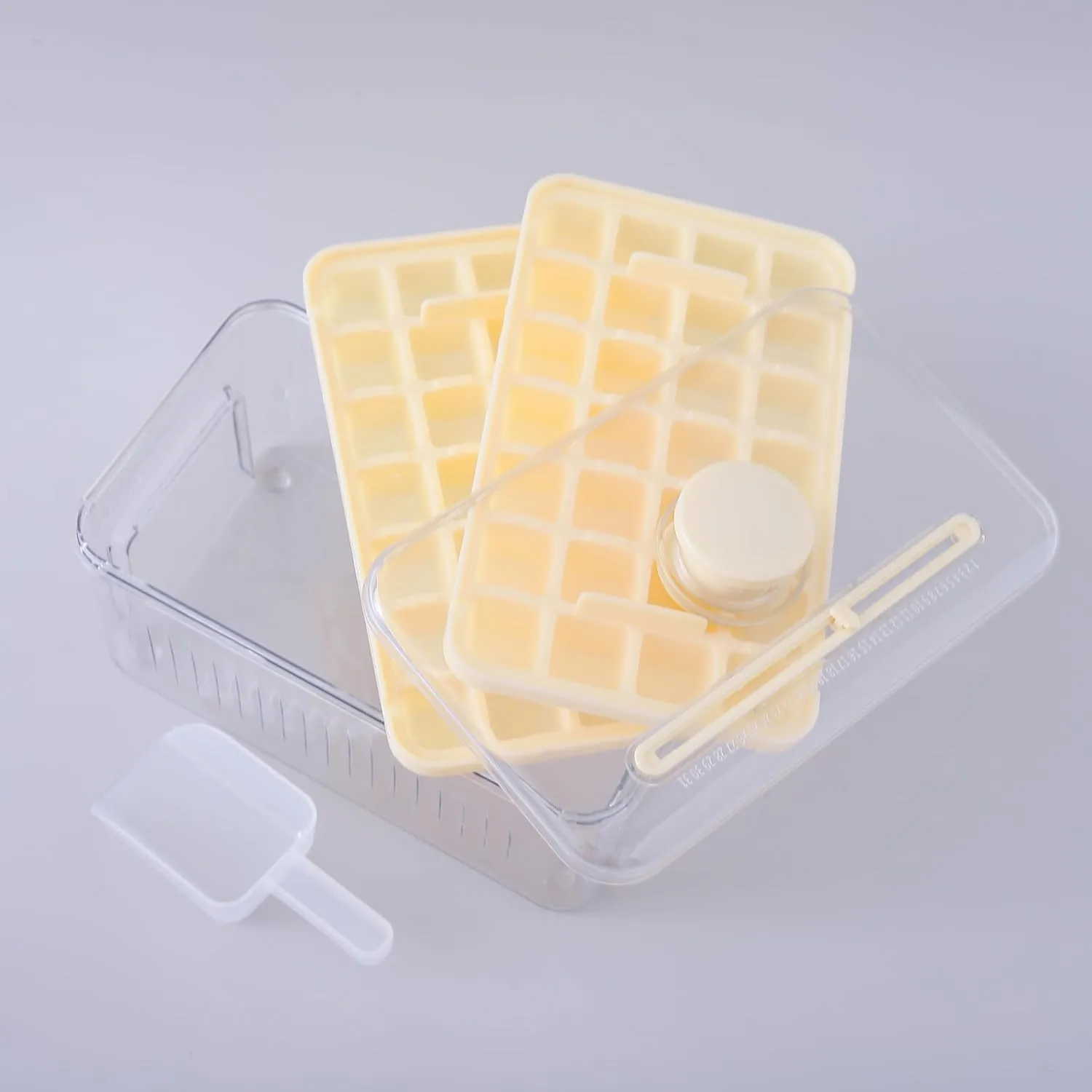 Kuber Industries Pack of 4| 2 Layer Ice Cube Tray with Lid | Ice Cube Storage Box with Ice Scoop | 56 Ice Cube Molds for Freezing | One-Press Demolding | BPA Free | Beige
