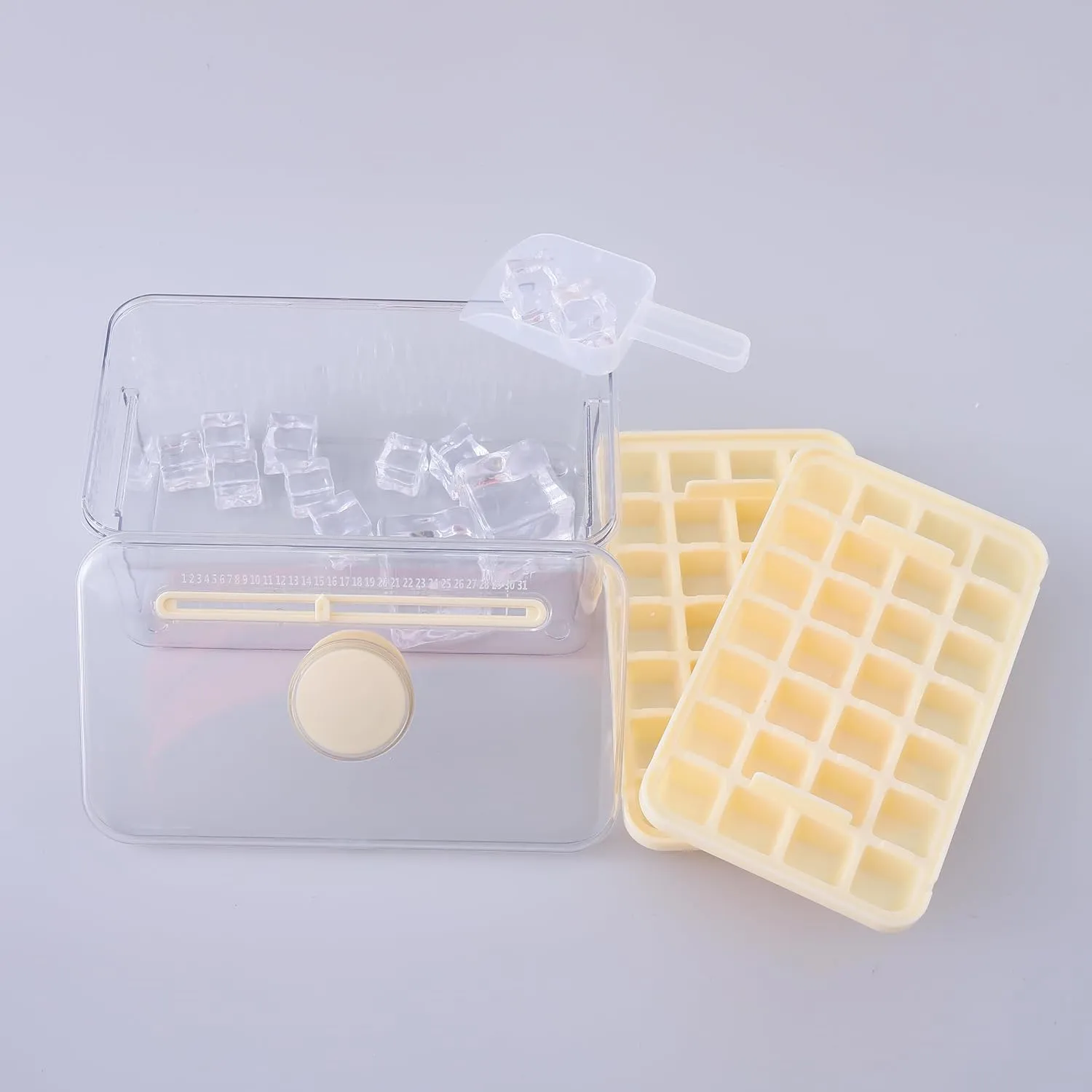 Kuber Industries Pack of 4| 2 Layer Ice Cube Tray with Lid | Ice Cube Storage Box with Ice Scoop | 56 Ice Cube Molds for Freezing | One-Press Demolding | BPA Free | Beige