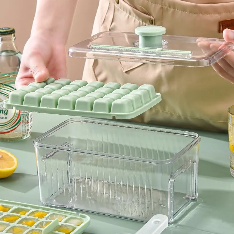 Kuber Industries Pack of 4| 2 Layer Ice Cube Tray with Lid | Ice Cube Storage Box with Ice Scoop | 56 Ice Cube Molds for Freezing | One-Press Demolding | BPA Free | Green