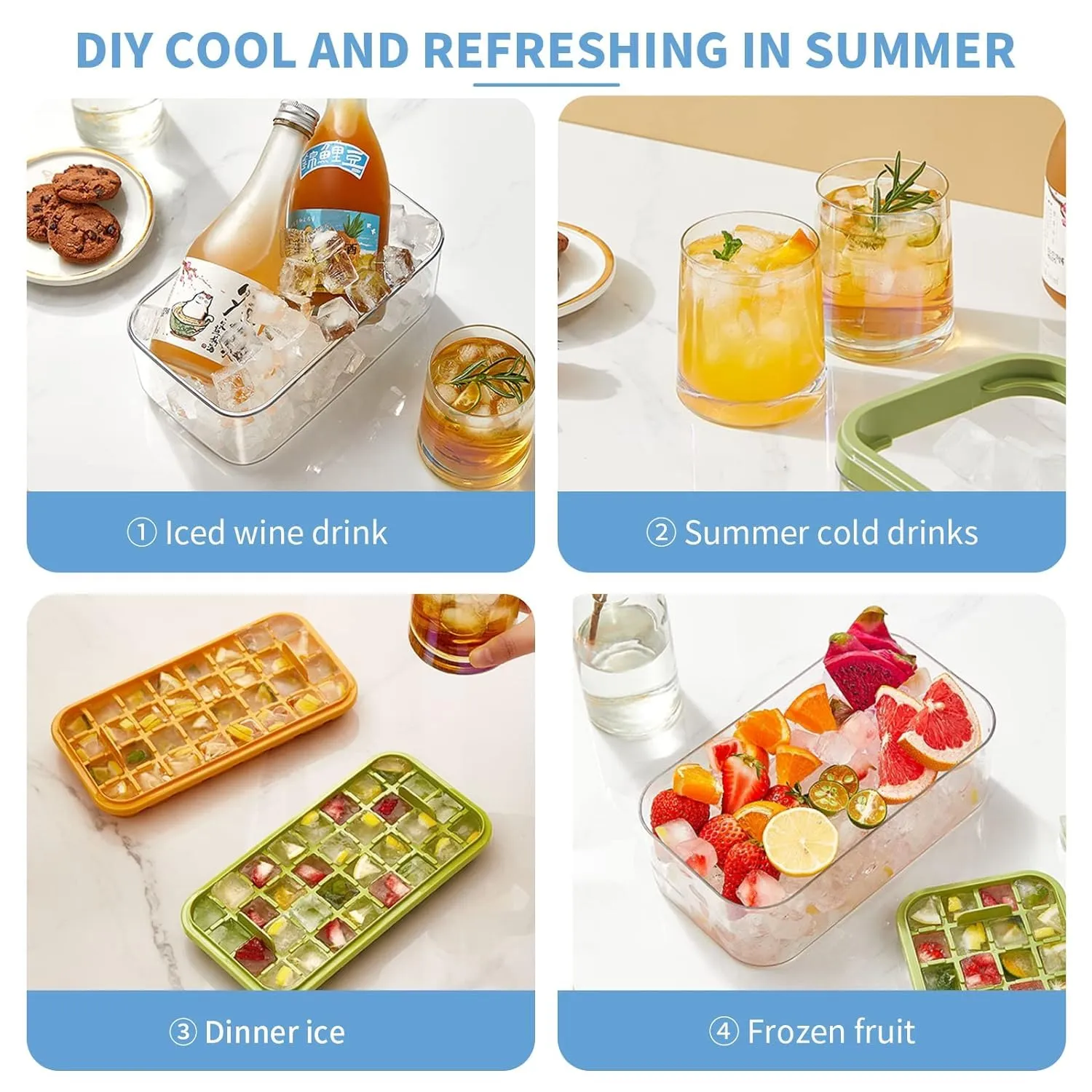 Kuber Industries Pack of 6| 2 Layer Ice Cube Tray with Lid | Ice Cube Storage Box with Ice Scoop | 64 Ice Cube Molds for Freezing | One-Press Demolding | BPA Free | White