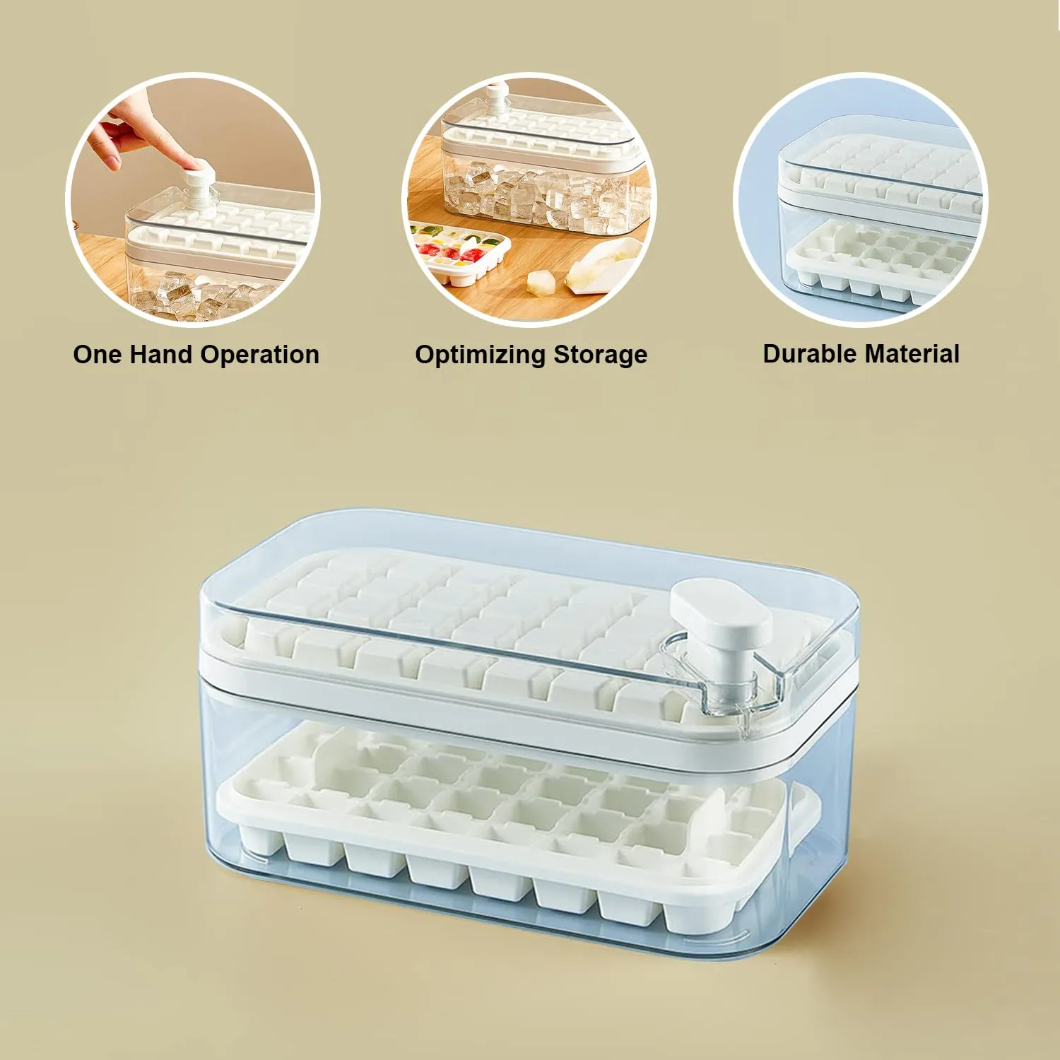 Kuber Industries Pack of 6| 2 Layer Ice Cube Tray with Lid | Ice Cube Storage Box with Ice Scoop | 64 Ice Cube Molds for Freezing | One-Press Demolding | BPA Free | White