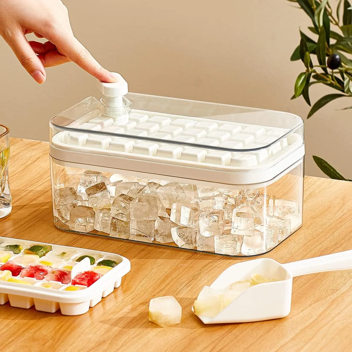 Kuber Industries Pack of 6| 2 Layer Ice Cube Tray with Lid | Ice Cube Storage Box with Ice Scoop | 64 Ice Cube Molds for Freezing | One-Press Demolding | BPA Free | White