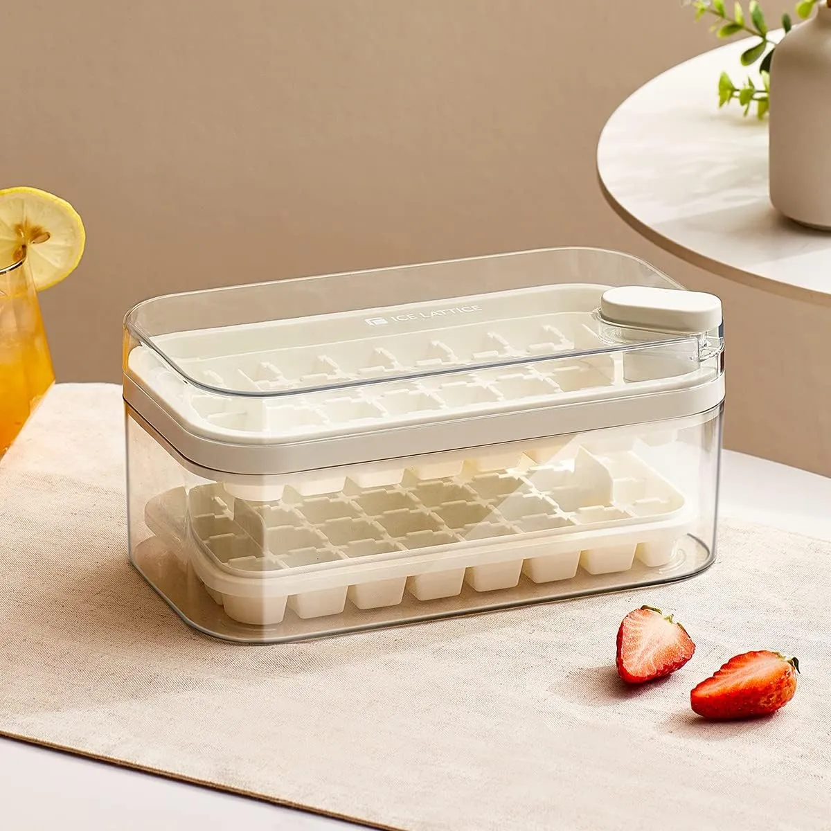 Kuber Industries Pack of 6| 2 Layer Ice Cube Tray with Lid | Ice Cube Storage Box with Ice Scoop | 64 Ice Cube Molds for Freezing | One-Press Demolding | BPA Free | White