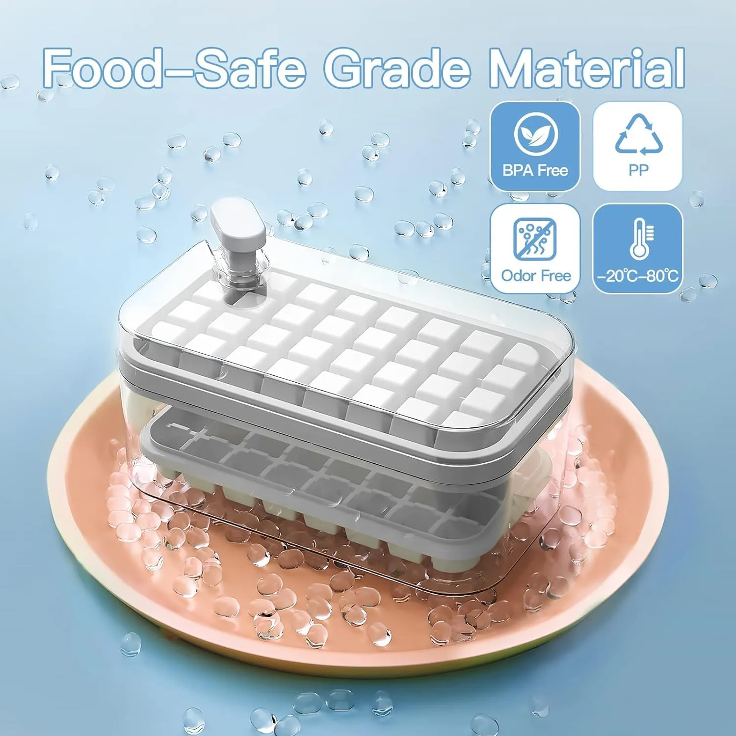 Kuber Industries Pack of 6| 2 Layer Ice Cube Tray with Lid | Ice Cube Storage Box with Ice Scoop | 64 Ice Cube Molds for Freezing | One-Press Demolding | BPA Free | White