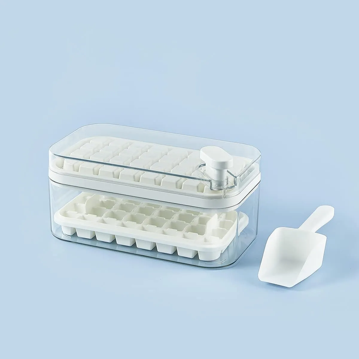 Kuber Industries Pack of 6| 2 Layer Ice Cube Tray with Lid | Ice Cube Storage Box with Ice Scoop | 64 Ice Cube Molds for Freezing | One-Press Demolding | BPA Free | White