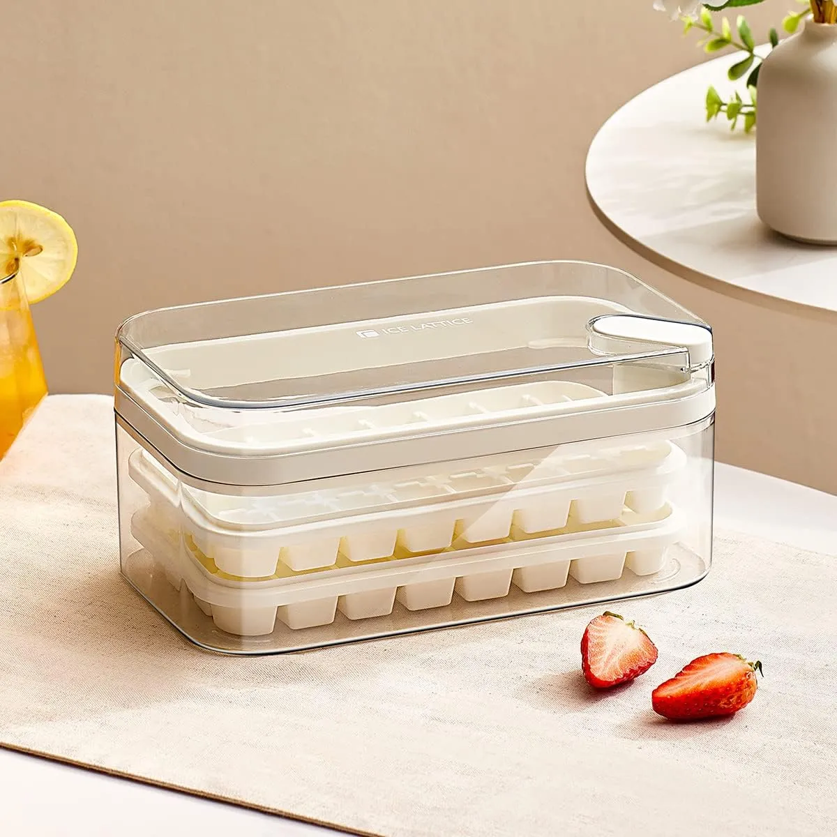 Kuber Industries Pack of 6| 2 Layer Ice Cube Tray with Lid | Ice Cube Storage Box with Ice Scoop | 64 Ice Cube Molds for Freezing | One-Press Demolding | BPA Free | White