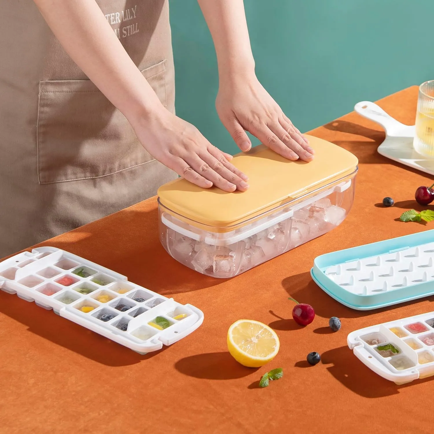 Kuber Industries Pack of 6 Ice Cube Tray with Lid | Ice Cube Storage Box with Ice Scoop | 24 Ice Cube Molds for Freezing | One-Press Demolding | BPA Free | Yellow