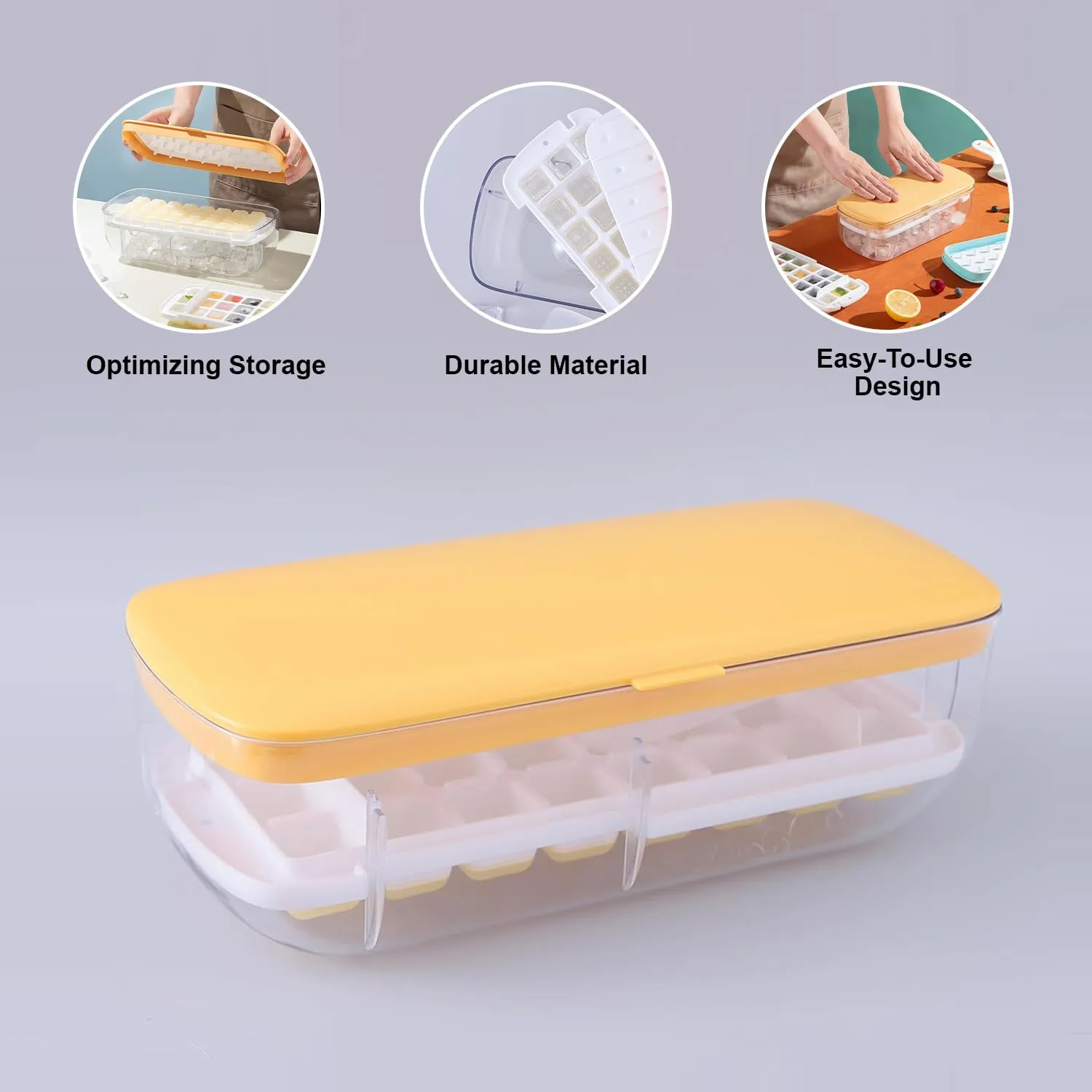 Kuber Industries Pack of 6 Ice Cube Tray with Lid | Ice Cube Storage Box with Ice Scoop | 24 Ice Cube Molds for Freezing | One-Press Demolding | BPA Free | Yellow