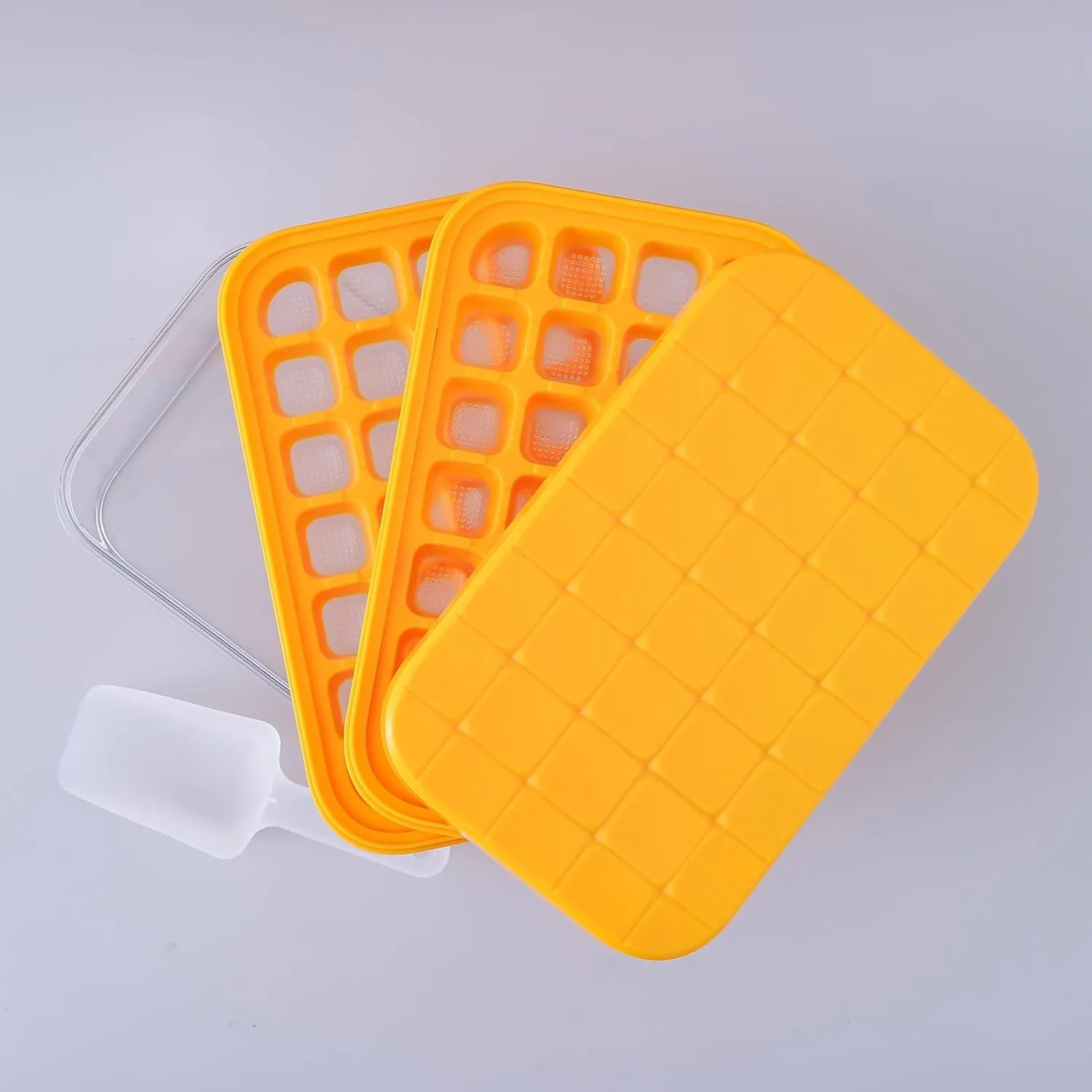 Kuber Industries Pack of 6|2 Layer Ice Cube Tray with Lid | Ice Cube Storage Box with Ice Scoop | 56 Ice Cube Molds for Freezing | One-Press Demolding | BPA Free | Orange