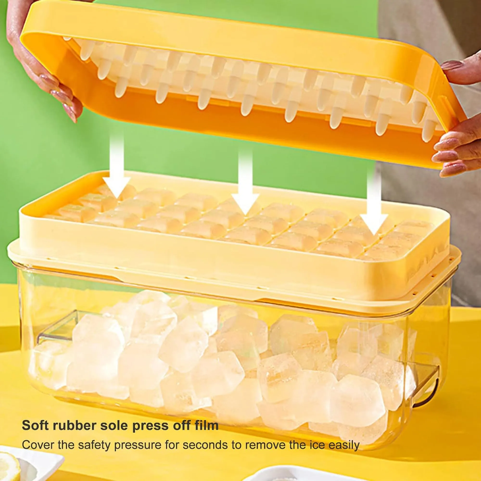 Kuber Industries Pack of 6|2 Layer Ice Cube Tray with Lid | Ice Cube Storage Box with Ice Scoop | 56 Ice Cube Molds for Freezing | One-Press Demolding | BPA Free | Orange